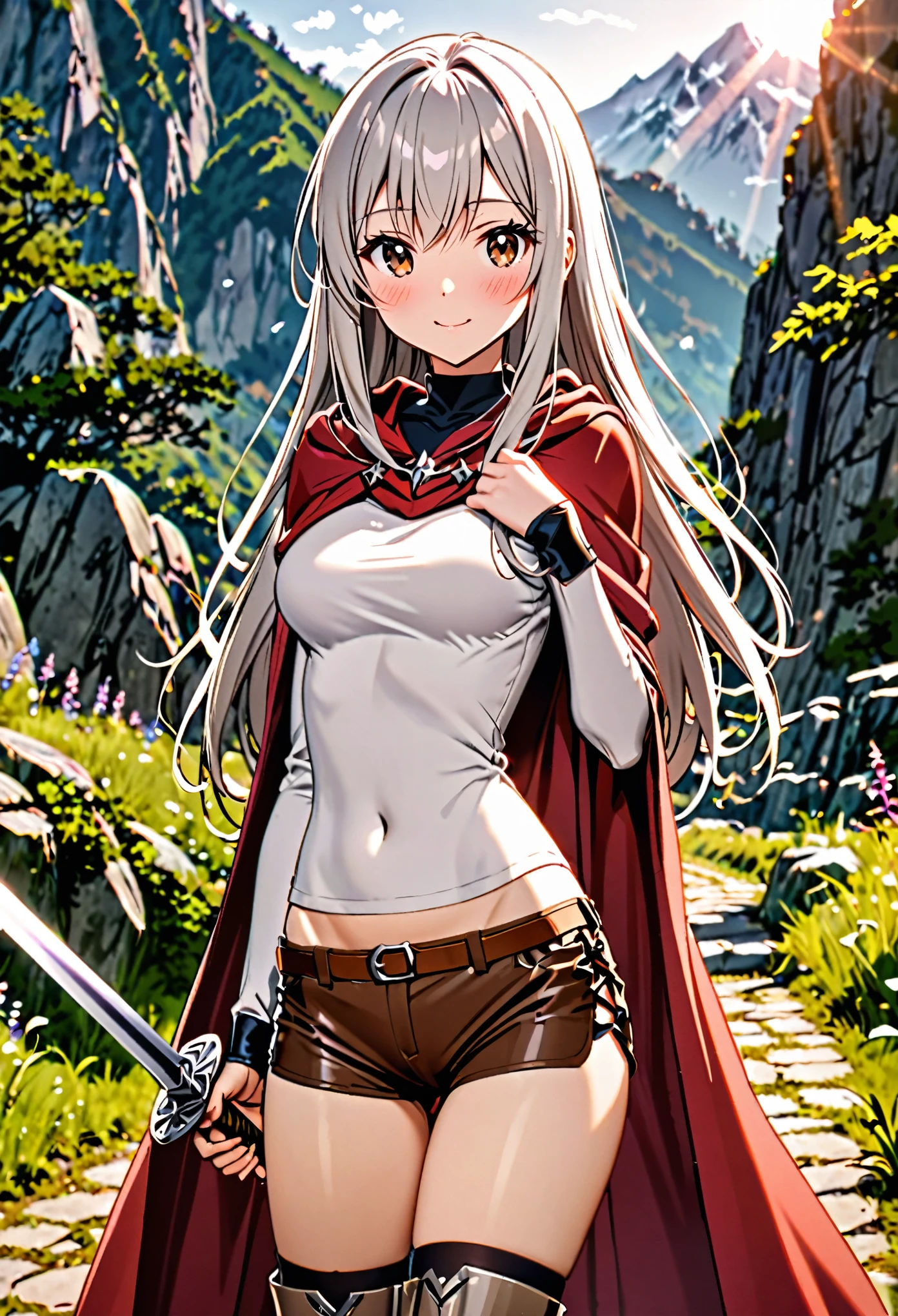 1 female,The perfect 25 years old,((ideal ratio body proportions:1.5,small head:1.7)),(tan skin),((high quality anime, 8k,masterpiece,Perfect Anatomy)),(beautiful detailed face and eyes,gorgeous eye:1.3,Almond Eyes),  BREAK   ,brown eyes,  BREAK  ,female knight、(silver hair),Straight long hair,bangs,shy,blush,smile,  BREAK   ,cowboy shot,medium breasts,slender body,skinny, BREAK  ,Red cloak、A simple ecru T-shirt、Long sleeve、navel, Brown leather micro shorts、Brown leather long boots、Sword、、　BREAK   ,A world of swords and magic、Mountain path sunlight、