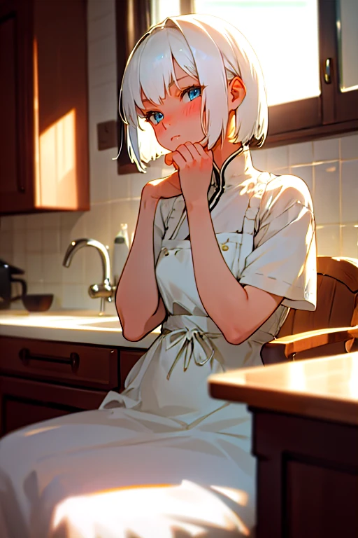 1girl with short white hair sitting on a chair, kitchen, her hand under her chin, warm lighting, white dress, blurry foreground