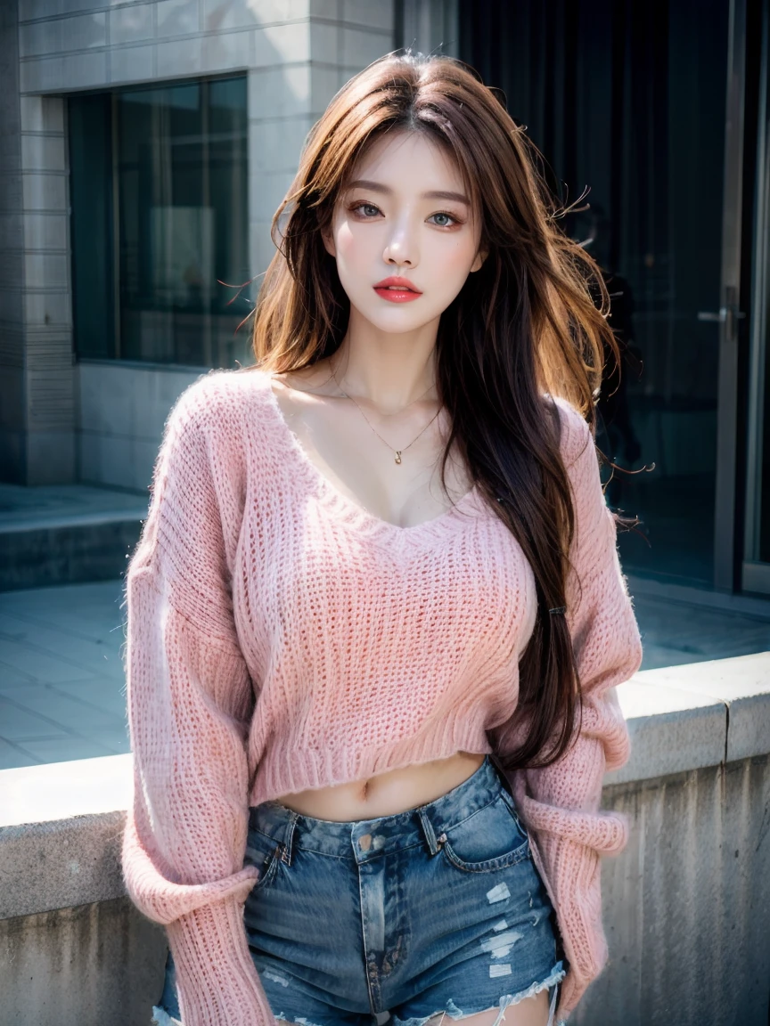 photorealistic, high resolution, 1women, shining skin, solo, tattoo, jewelry, pink lips, long hair, blue eyes, closed mouth, hips up, sweater, shorts