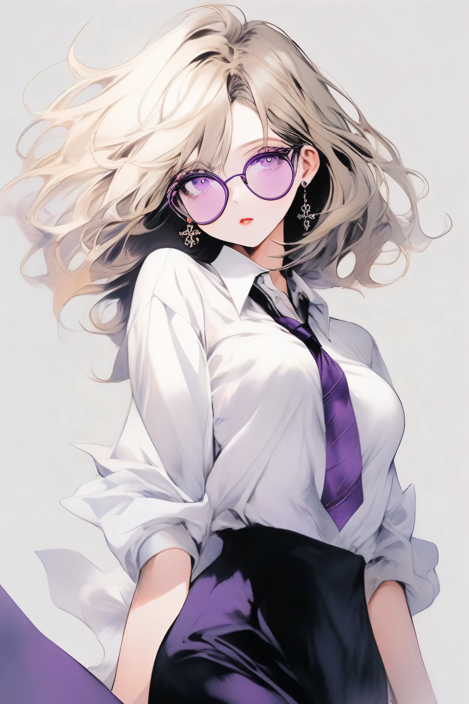 (Tabletop:1.2, 最high quality), (Finely drawn beautiful eyes: 1.2), (beautiful and detailed face), (Best lighting, Very delicate and beautiful), Round sunglasses,((Cover both eyes)), (Both eyes are hidden)、totalitarianism, Earrings, Pretty lips, beautiful, White shirt, Black tie, sexy, Beautiful lighting, Dynamic Angle, The body is bent in a dogleg shape...、Dynamic pose、high quality, 最high quality,1 girl, Purple Hair、The purplish pink eyes of a dreamer, (Blonde) , he is short, Big Breasts, (Cinematic Light)), Dramatic Light, (Pale white background:1.5), Shooting from below、Peeking from below、Short Bob Hair(1:3)、Knit a little around the ears, clavicle,((Perfect Fingers))、Stylish coffee shop、Absolute hands、A look of mockery、Hmph,Cross your arms、Grab your arm、((eye make up))、compensate、最high quality、Big Breasts、8k,(((Perfect hands)))、I have only five fingers、God's Angle、Winter jumper、 最high quality、Hyper HD、((Please match the length of the stockings))、Arafe woman in coat and hat talking on mobile phone, Stylish woman, Elegant girl in urban clothing, Posing on the city streets, beret and sunglasses, Warm colored clothes, Wear elegant clothes, wearing a French beret, Standing on the street, Woman wearing a trench coat, Modern Fashion, Pink Hair,Purple eyes