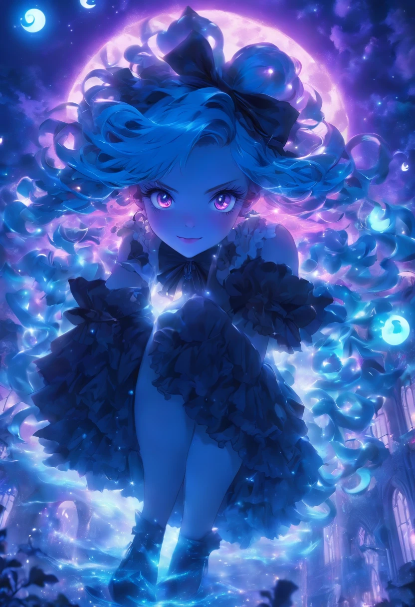 blue haired gothic lolita casting glowing purple spells under the moonlight