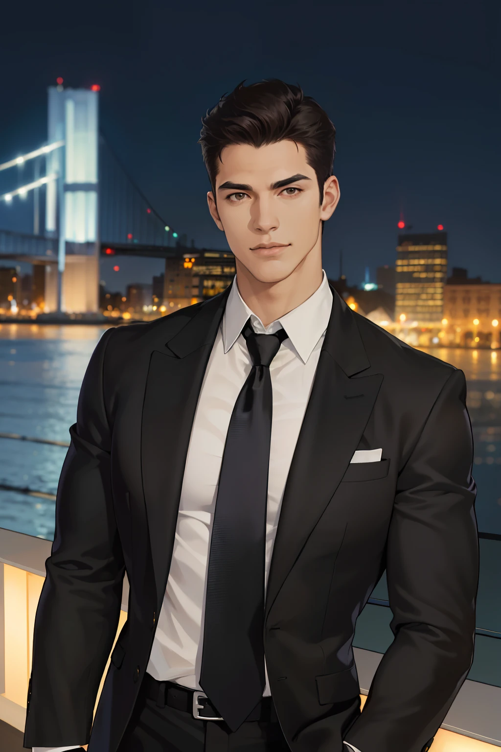 (absurdres, highres, ultra detailed, realistic, ), 1 male, solo, adult, mature, tall muscular guy, broad shoulders, handsome, very short hair, black hair, brown eyes, angular jaw, thick neck, thick eyebrows, night, dark, the night view of the city background, formal suit, necktie, upper body