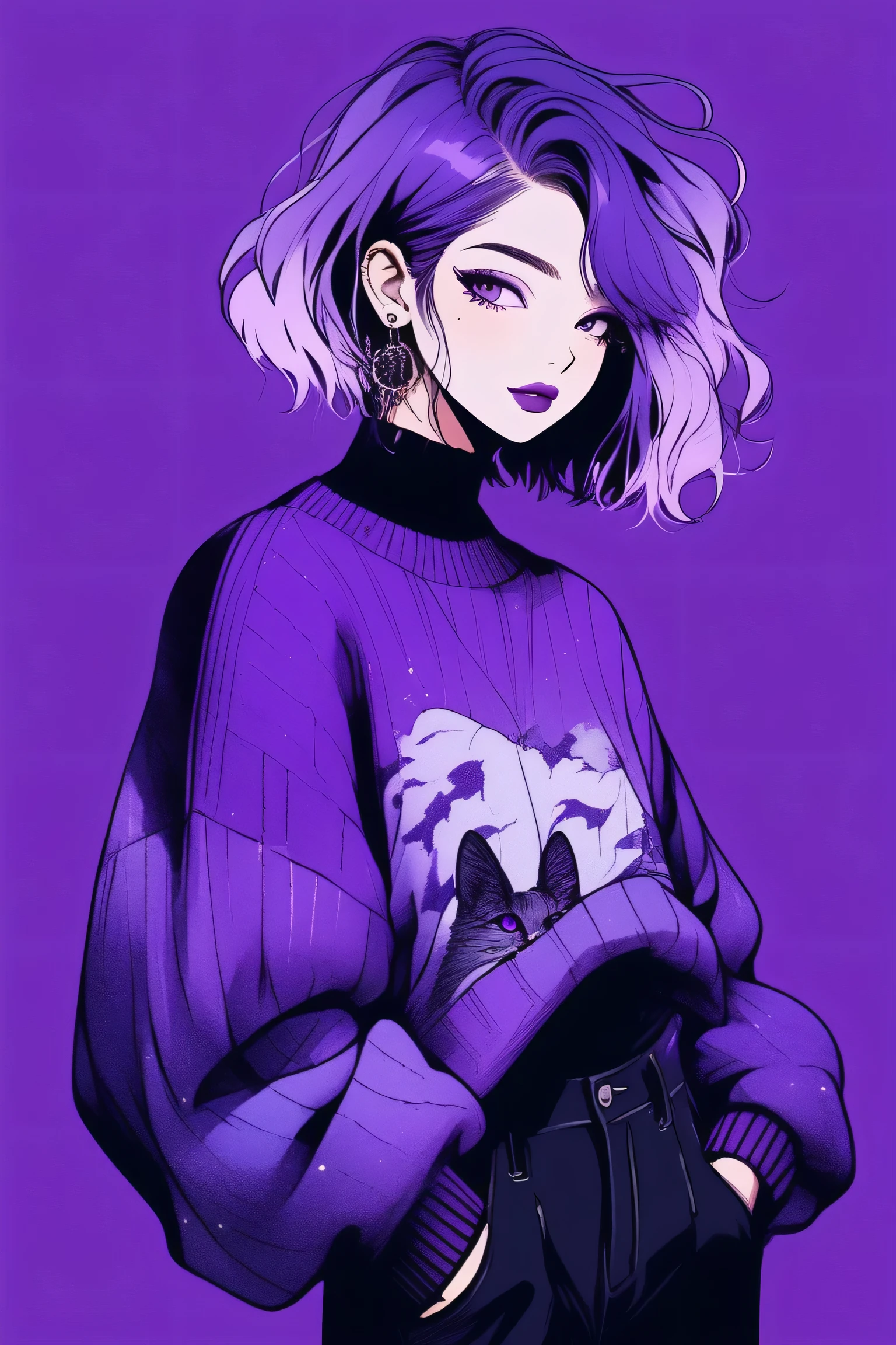 (highest quality, sketch:1.2),Realistic,Illustrator,anime,1 girl, Detailed lips,sweater,custom,Purple gradient background,Neon Hair,Texture Cropping,Canadian, masterpiece, Style: Retro Classic, Dark Black, Full Body Art, sketch book, (short hair)、purple theme、smile