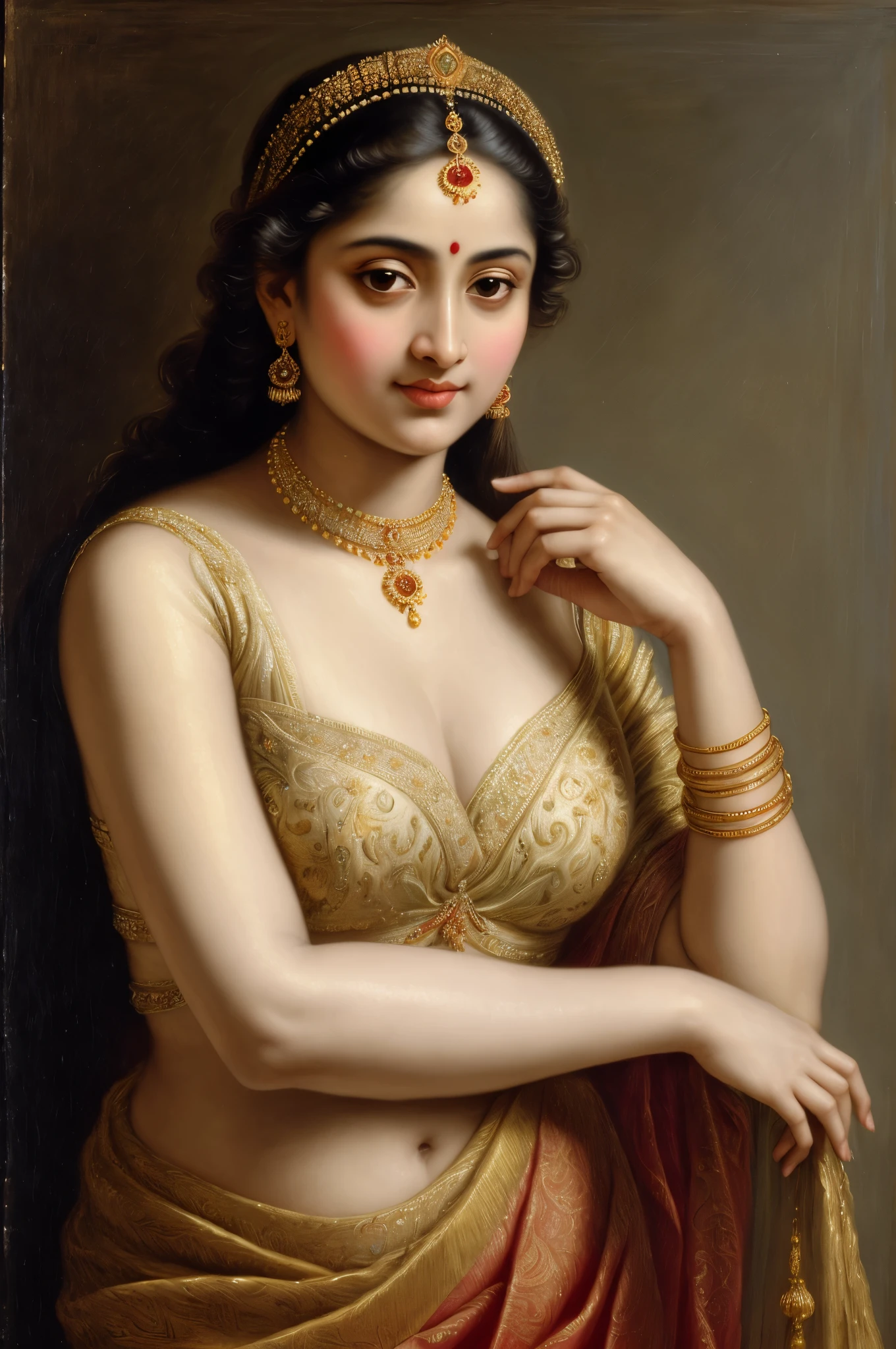 Looks like Jannat Zubair, Beautiful Indian Woman, wearing saree, sari Beauty, gorgeous, Apsara, Maharani, royal queen woman, nymph from Hindu Mythology, Urvashi, matchless beauty, Highly detailed, Oil Painting by Peter Paul Rubens inspired by Raja Ravi Varma, Matchless beauty, captivating, gorgeous, heavenly beauty, celestial beauty, by Peter Paul Rubens, 13, realistic, hyper realistic, micro details, incredible artwork, insane details, ultra High resolution, 8k, 32k, acrylic on canvas, intricate, flawless, detailed, detailed face, detailed eyes, masterpiece, by Peter Paul Rubens, by Caravaggio, by William Adolphe bouguereau, perfect face, perfect body, beautiful art, realism, baroque, renaissance Art, highly textured, beautiful and detailed eyes, uhd, best quality,