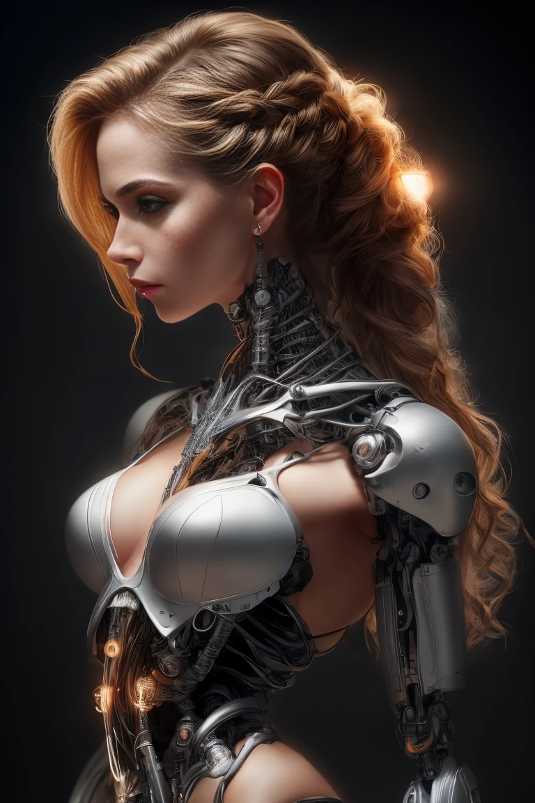 The easel, the paints, the artist, standing Full-length, Sexy cyborg woman drawing self-portrait in oil paints, french braid, blonde hair, (Best quality, 4K, 8k, A high resolution, masterpiece:1.2), absurdity, masterpiece, ultra detailed, Side view:1.2, (realistic, photorealistic, photorealistic:1.37), complex parts, HDR, (complex parts:1.12), (hyper detailed, hyper realistic, Soft lighting, spicy:1.2), beautiful figure, Magnificent Anatomy, (complex part, Hyper detailed:1.15), Smooth skin,