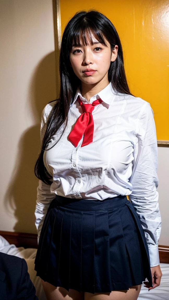 ((8k、High resolution、highest quality、High resolution)))、34 years old、alone、Natural body shape、White skin、Natural Makeup、((Black Hair、bangs、Straight Long Hair))、((()))、((school uniform 、White collared blouse))、((Navy blue pleated skirt))、(Big Breasts:1.3)、((The upper body is wearing a uniform))、(((((Looking at the camera)))))、(((Head to shin portrait)))、(((Exposing your thighs)))、Bedroom、On the bed、Are standing、((Focus on the crotch))、Navy blue socks