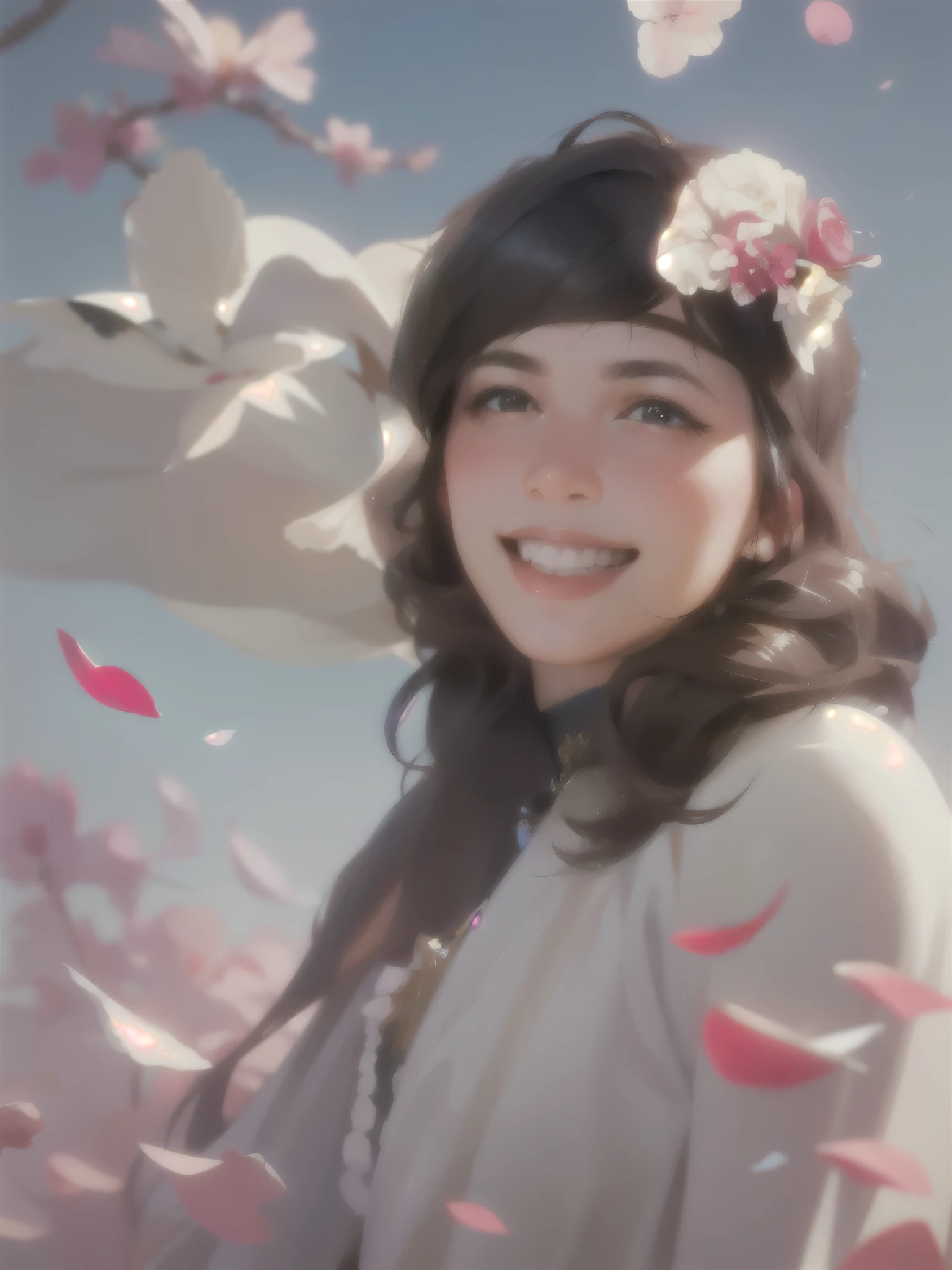 (best quality, masterpiece, ultra-realistic), 1 beautiful and delicate portrait of a girl, playful and cute, with floating petals in the background