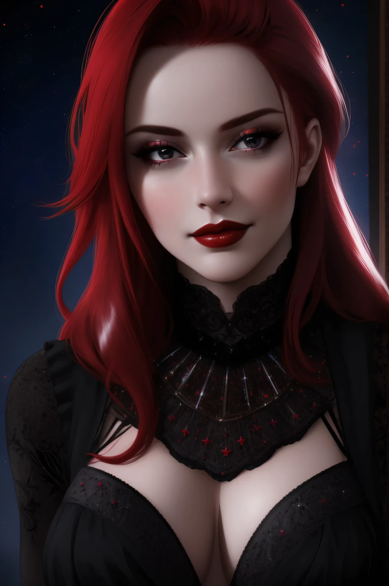 (Masterpiece - Ultra-Detailed, High Resolution) ((vivid red hair)), mature woman, 30 years old, diamond face, red starry sky background, depth of field, magic, big red lips, ((dark and black eyes)) black and red long and full dress, covered chest, mystical atmosphere, ominous shadows, Intense blue aura, Intense red aura (best quality:1.2), absurdres, intricate details, (highly detailed skin:1.2), smile expression, posing, taut and well defined body, attractive. Highly realistic, pale skin, beautiful, hyperrealism, skin very elaborated, direct gaze