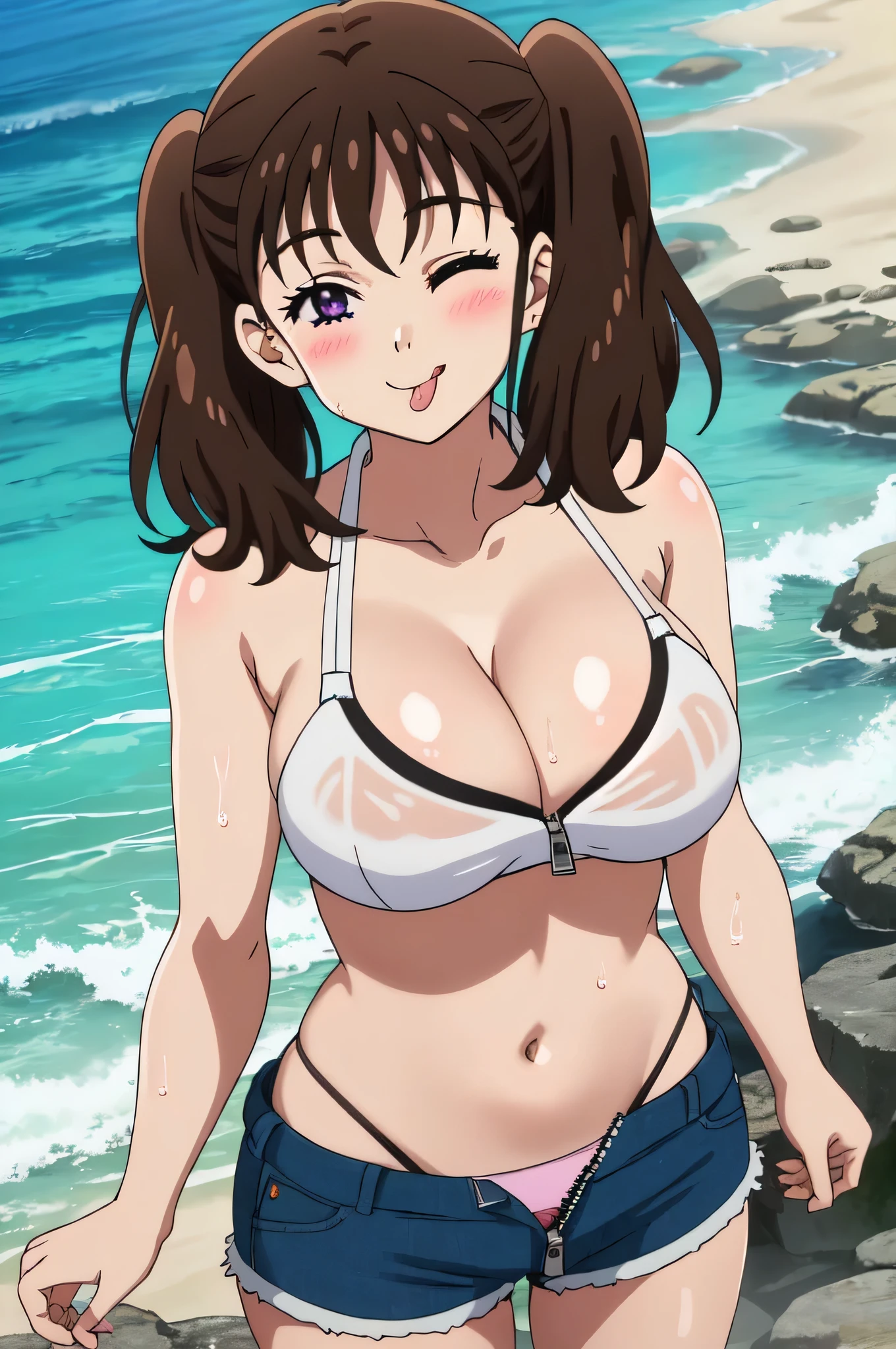 1girl, solo, purple eyes, brown hair, seven deadly sins, diane, tongue, one eye closed, tongue out, blush, twintails, giantess, looking at viewer, giant, long hair, ;p, :p, smile, close-up,   ocean scenery, beach, mini shorts, low waist shorts, unzipped shorts, panty line showing, white bikini top, bikini top, bikini, bare shoulders, slim stomach, cleavage, wet, flirty smile, blushing (big tits) big breasts, standing in water, cute smile, looking at viewer, full frame, body in frame, in frame