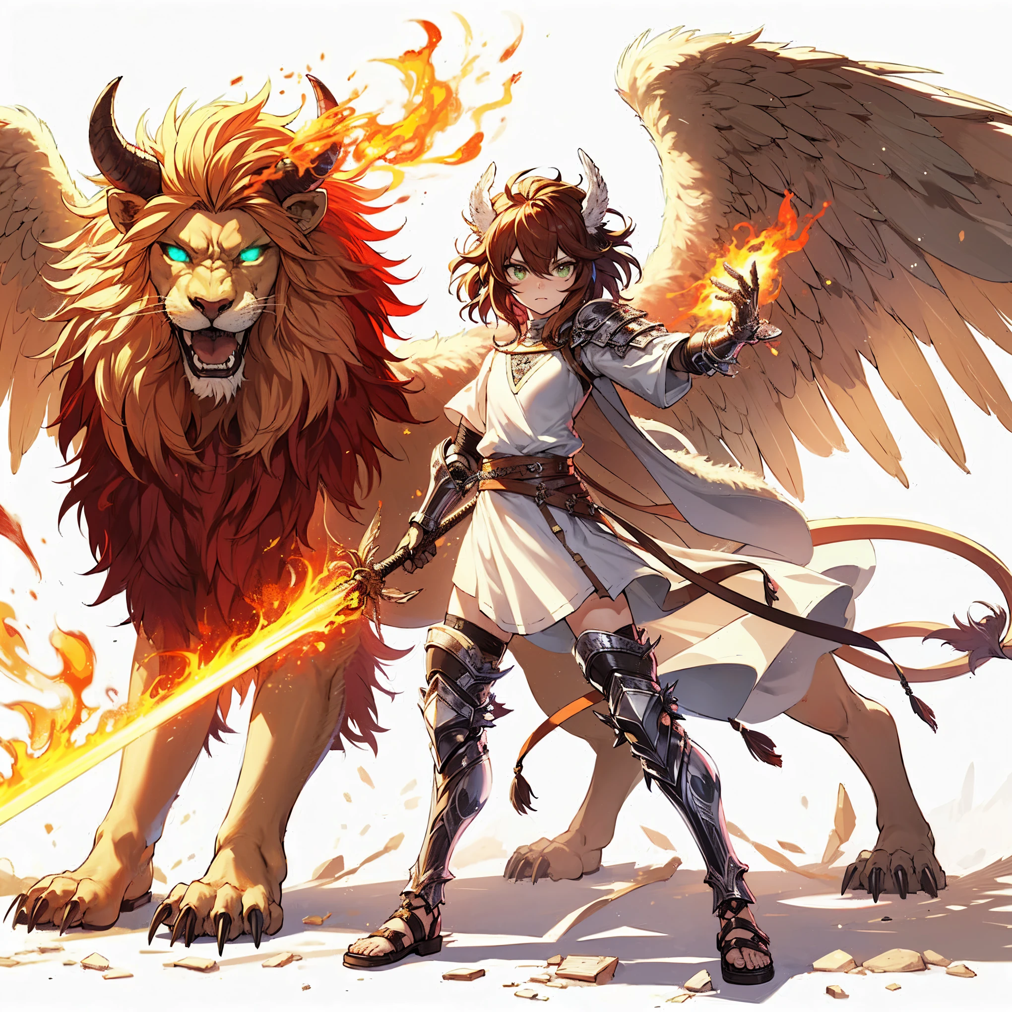 
(Masterpiece, top quality), (perfect athlete body: 1.2), (detailed hair), ultra detailed, anime style, full body, solo, cyberpunk lady fighter, lion ears and bull horns, shaggy red mane and green eyes, spread eagle wings, boyish appearance, holding a flaming sword, wearing simple white dress, rugged knight gauntlets, Roman gladiator-like sandals, standing of wasteland, white background, whole body, supernatural flame
