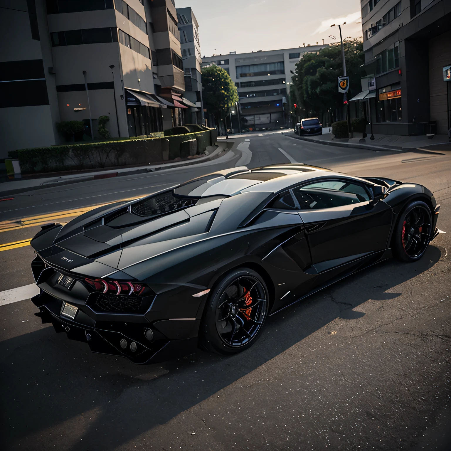 (best quality,4k,realistic),luxurious Lamborghini Aventador with a sports body kit, black forged wheels, cyberpunk style, twilight, side view