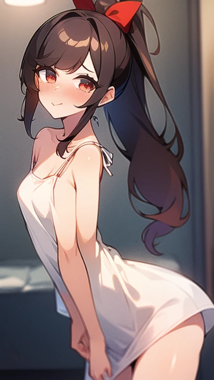 Adulta joven, Cabello negro ondulado, mirada penetrante con ojos profundos de color rojo, estatura promedio, Silky hair with a ponytail hairstyle collected with a red bow with two white lines, tiene pechos, primer plano, Session, standing in the middle of his room [[[[pervertida]]] , Sonrojada, mini dress transparent lingerie, NSFW