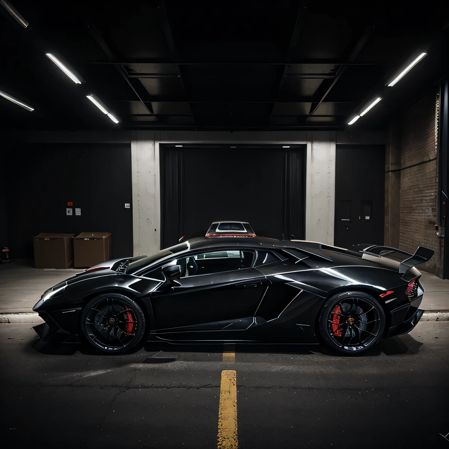 (best quality,4k,realistic),luxurious Lamborghini Aventador with a sports body kit, black forged wheels, cyberpunk style, twilight, side view