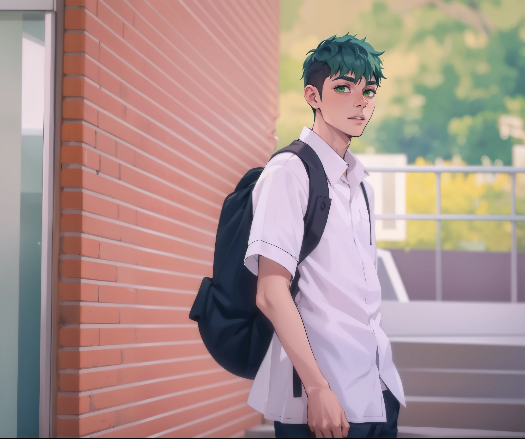 He has green hair. There are 3 young men, , who are bullying. He is insulting.
