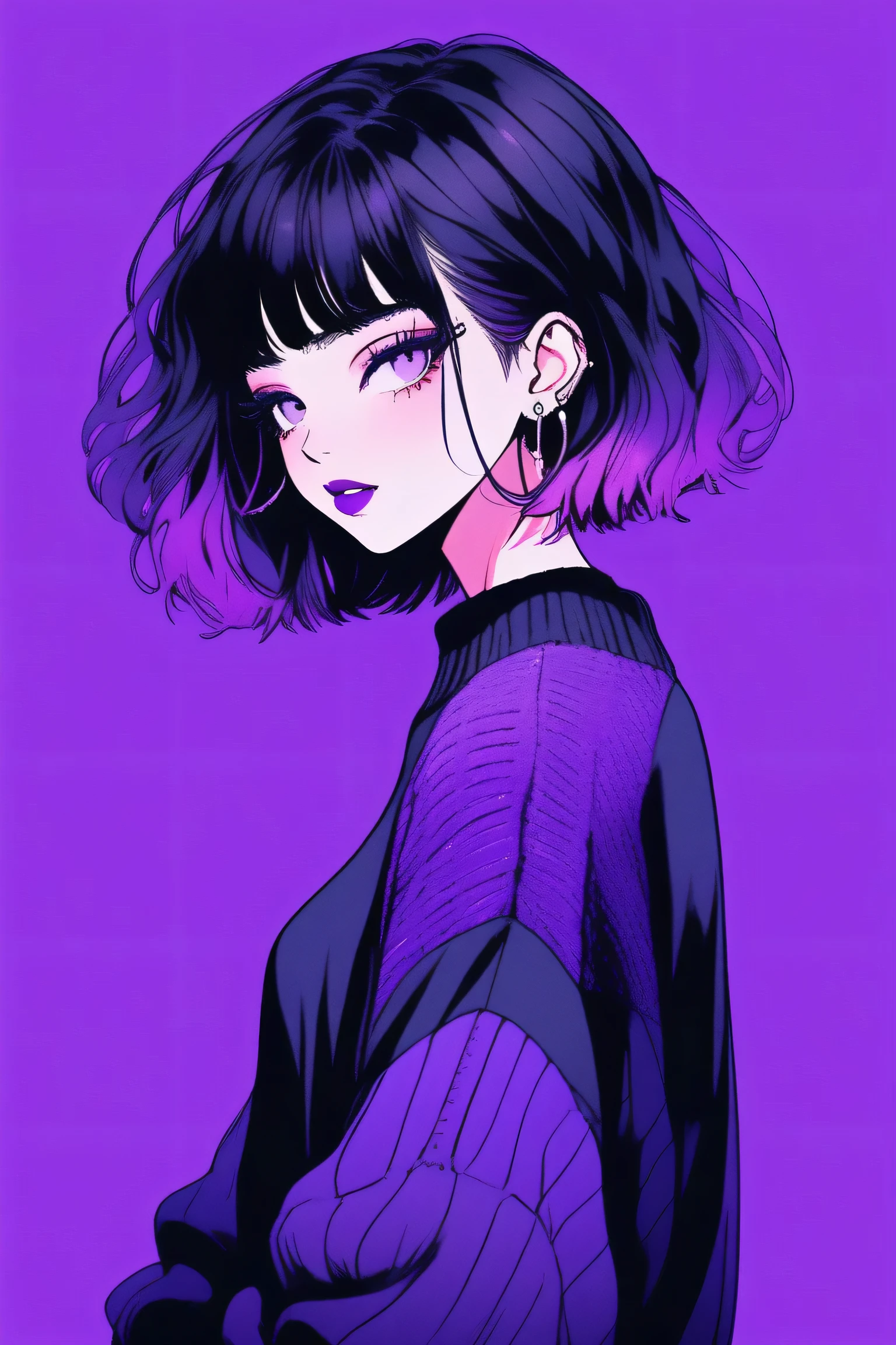 (highest quality, sketch:1.2),Realistic,Illustrator,anime,1 girl, Detailed lips,sweater,custom,Purple gradient background,Neon Hair,Texture Cropping,Canadian, masterpiece, Style: Retro Classic, Dark Black, Full Body Art, sketch book, (short hair)、purple theme、smile