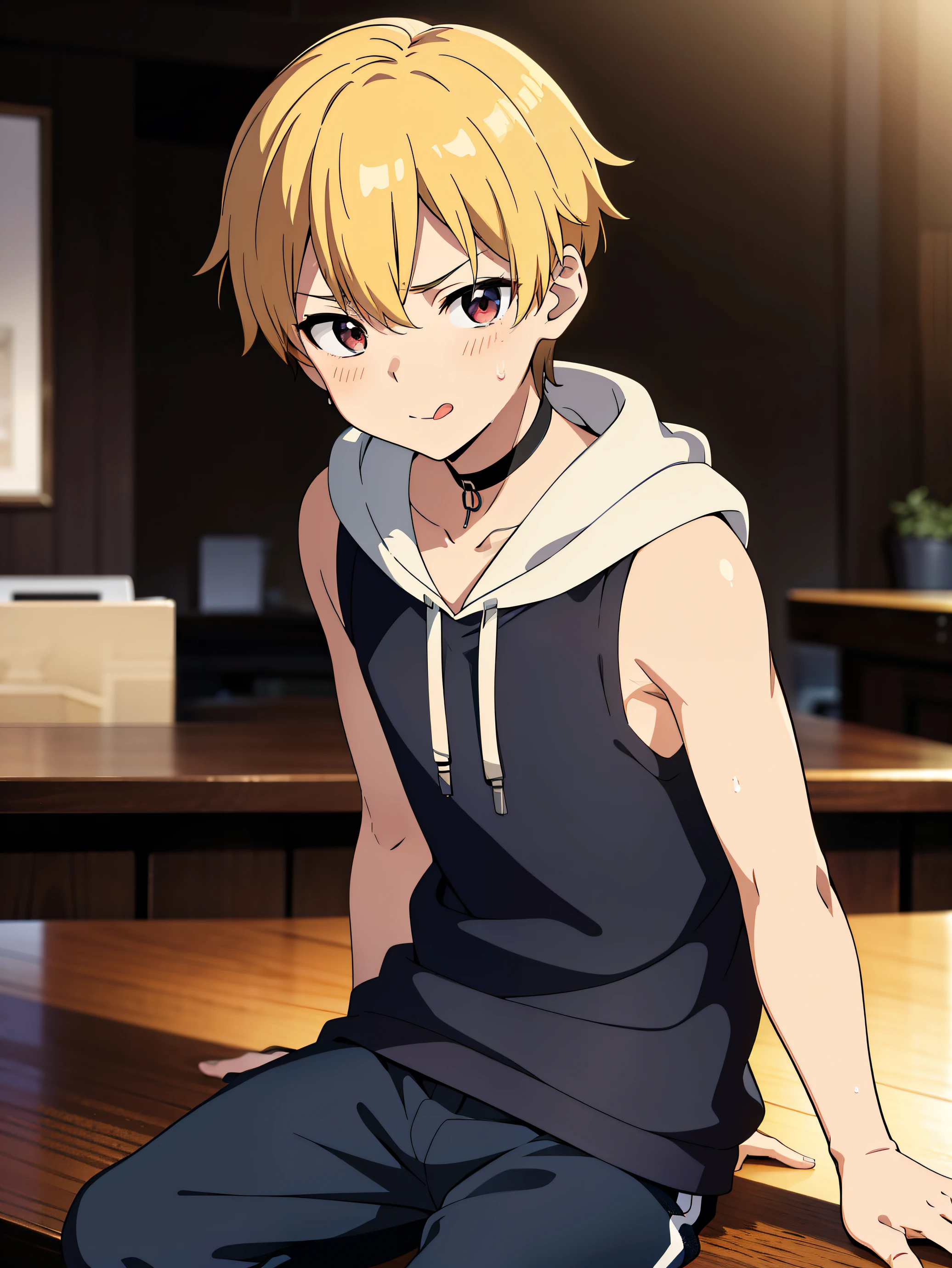 Highres, Masterpiece, Best quality at best,Best Quality,hight quality, hight detailed, 1boy, Boy,Straight hair, Side bangs, Shota, Sweat, Sleeveless hoodie, Choker, Glove, Sleeve cover, Collarbone, Depth of field, Anime screencap style, thin line, Sitting on the table, Sticking out tongue, Seen from the front, Little sweat, Kpop, Cute boy, (very small and short stature), (very young boy), 12-year-old boys, Blurry and simple beckground, bokeh, Uhd