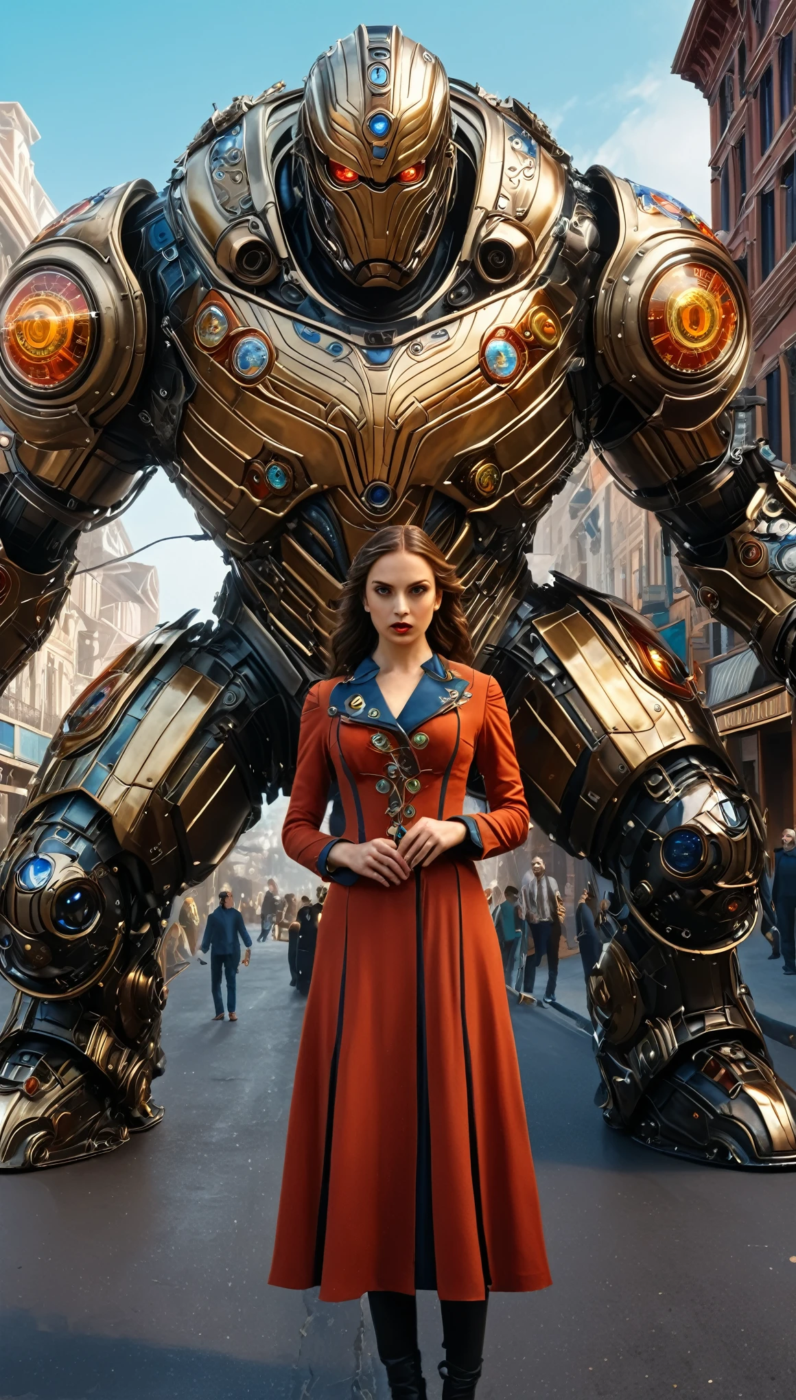 (a beautiful, detailed, Millefiori glass-style illustration),(best quality,4k,8k,highres,masterpiece:1.2),ultra-detailed,(realistic,photorealistic,photo-realistic:1.37),a street in the city, a woman passing by, symmetric steampunk warrior, a colossal titan creature at the center, (beautiful detailed eyes,beautiful detailed lips,extremely detailed eyes and face,long eyelashes), (2 girls:1.1) standing on the street, (author: Gail Gadot movie still), (author: Slavoj Zizek), (movie still), (Victorian-style) environment,(author: Augustine Fernandez), (Roche), (from The Avengers (2012)), vibrant colors, atmospheric lighting.
