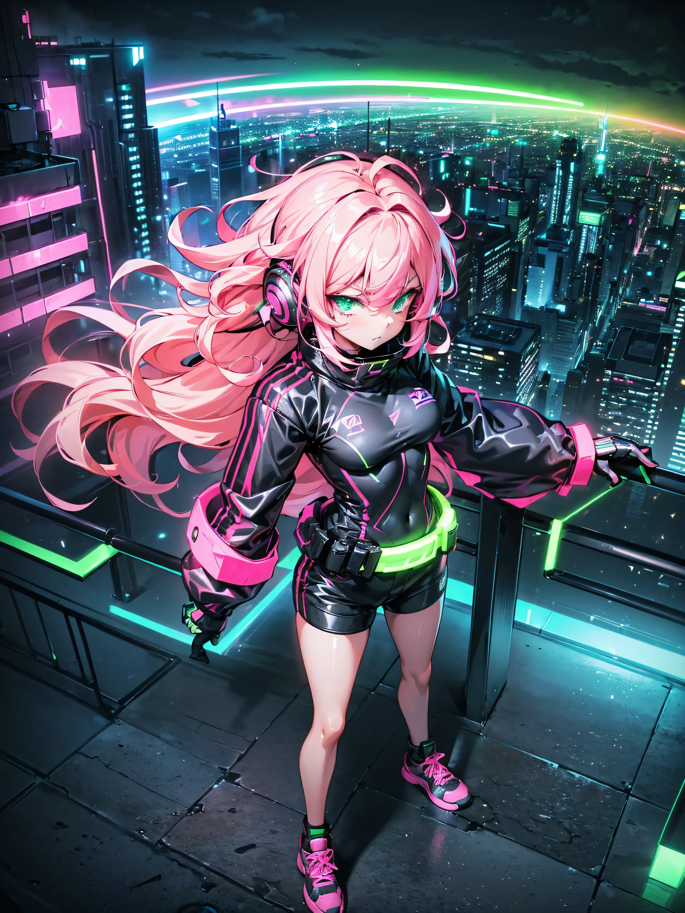 masterpiece:1.4, 1girl ((20year old, dressed in long sleeve shirt, tight black shorts, sneakers, medium breasts, multicolor pink hair, curly long hair, green eyes:1.4, Wearing headphones, looking towards camera, standing on a balcony:1.1 tall sci-fi buildings in background:1.1, neon and energetic atmosphere:1.2)) ((nighttime)) ((low camera angle, ground view)) ((solo:1.6))