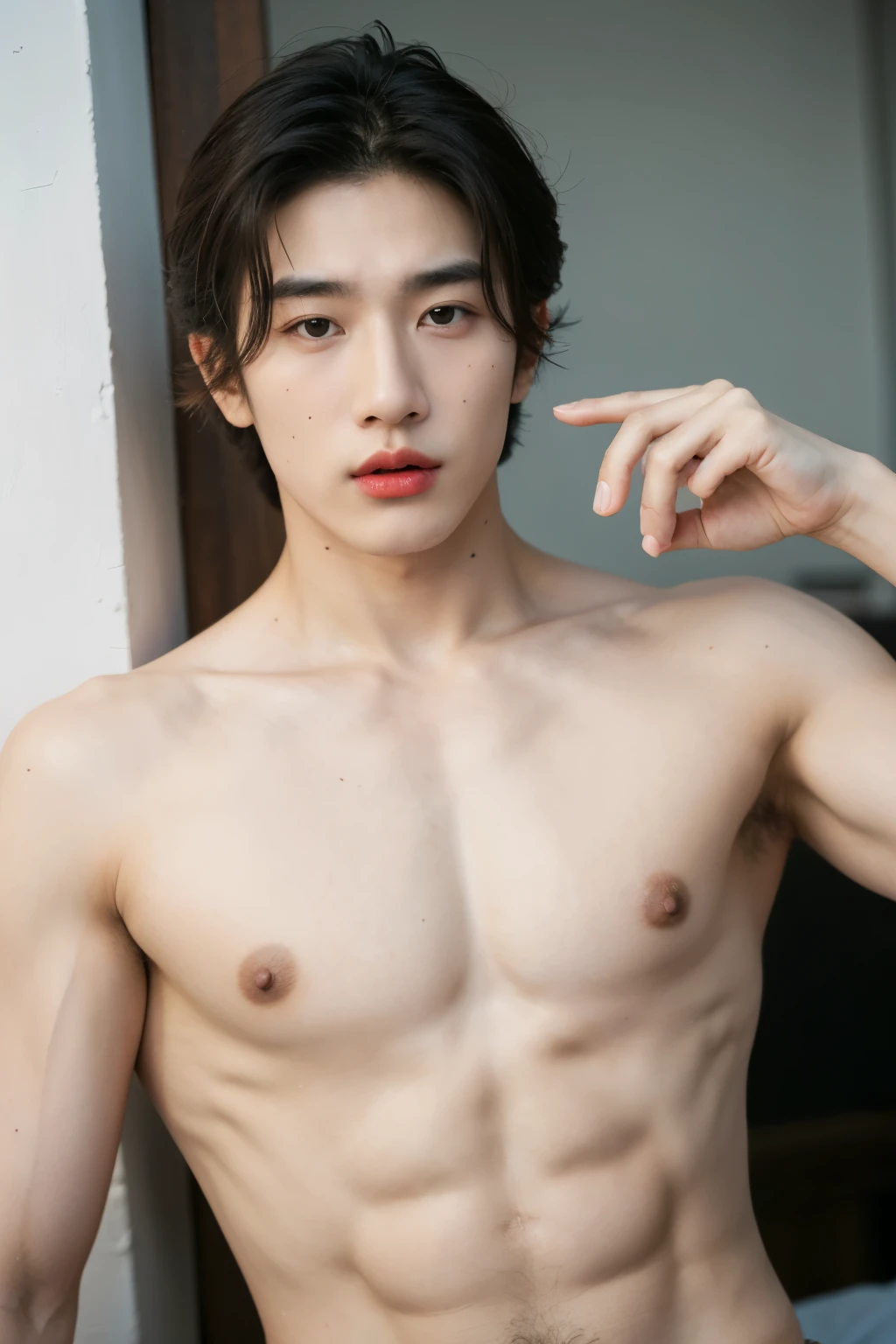 ((best quality)), (detailed), perfect face, HOMEM COREANO, SEM CAMISA, rosto bonito, PEITO MUSCULAR, volume na cueca, protuberance, grande, futurista, Corpo magro, rouco, magro, big nice protuberance, lindo ator coreano, poses sensuais, sensual, blushing red makeup, red lips, white pale skin, 