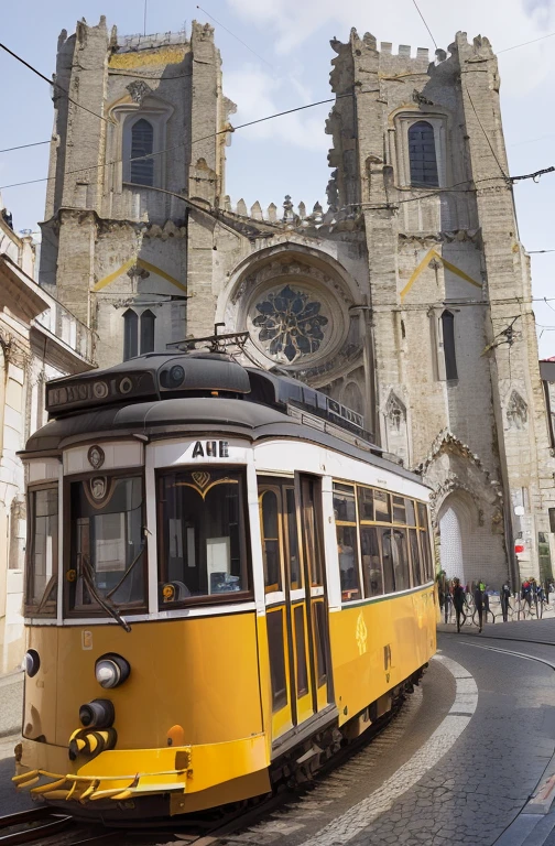 bonde amarelo arafiado em uma rua em frente a uma igreja, Lisboa, tram, the city of Lisboa, bondes, bonde de rua, in a city with a rich history, bondes ) ) ), portugal, cercando a cidade, catedral ao fundo, fora, by Nadir Afonso, Direction: Sigmund Freudenberger