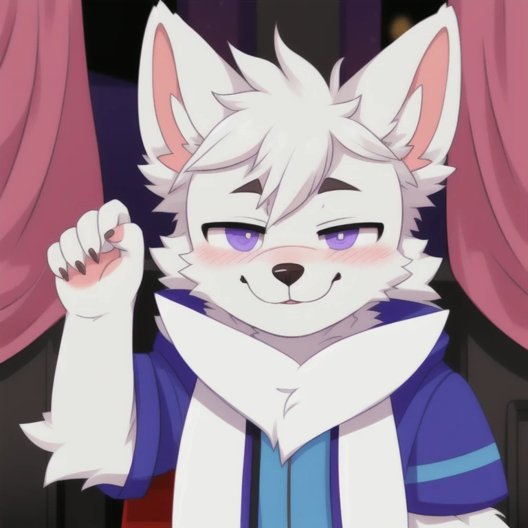 score_9,score_8_up,score_7_up,score_6_up,score_5_up,score_4_up, solo anthro furry, boykisserfur, male, white fur, white ears, smug, blush