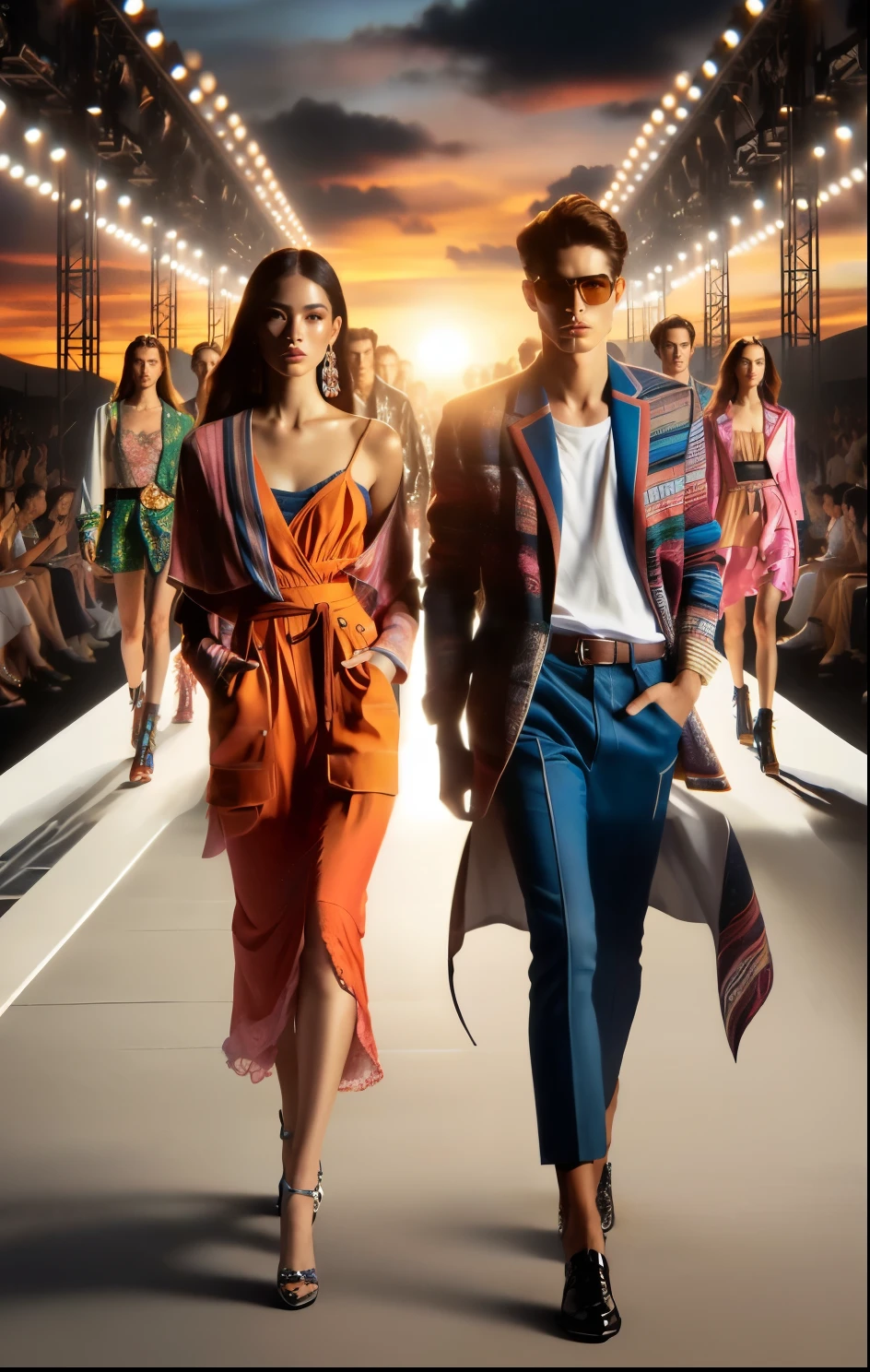 a woman wearing pants and a man walking down a white runway at sunset, by Ignacio Zuloaga, by Milton Menasco, 2 0 2 0 fashion, by Juan O'Gorman, by Seb McKinnon, editorial image, movie promotional image, fashion shoot 8k, by Luis Miranda, by derek zabrocki, by Jakob Gauermann, by Anita Malfatti