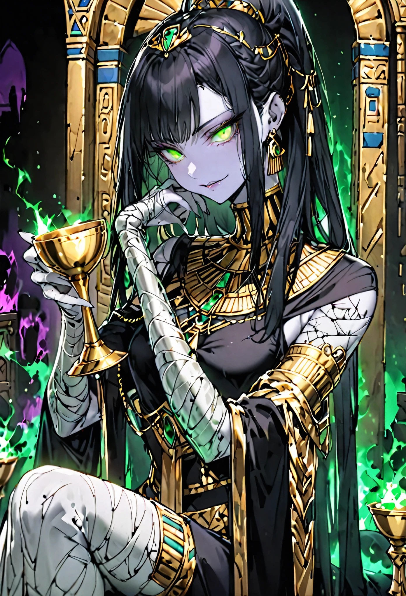 solo, female, sfw, long straight black hair, glowing green eyes, pale skin:1.4, very tall, fit, elegant, luxurious, egyptian, middle eastern, gold, silver, jewelry, up-do, bandaged torso, bandaged arms, dark aura:0.4, goblet, looking down, sadistic smile