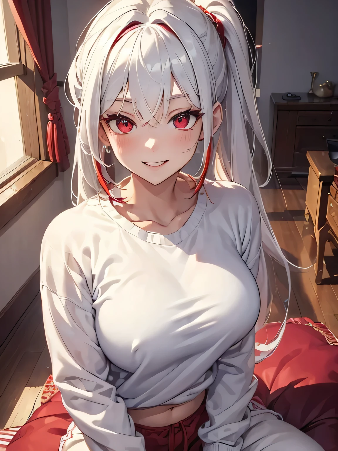 (masterpiece, best quality:1.4), 8k, White Hair, Red Highlights Hair, Messy Long ponytail Hair, Dragon Horn, Young adult, anime girl, Big chest, Smiling, Red Eyes, in the Livingroom, White Sweater, White Sweatpants (detailed eyes and face, sharp pupils, realistic pupils:0.6)