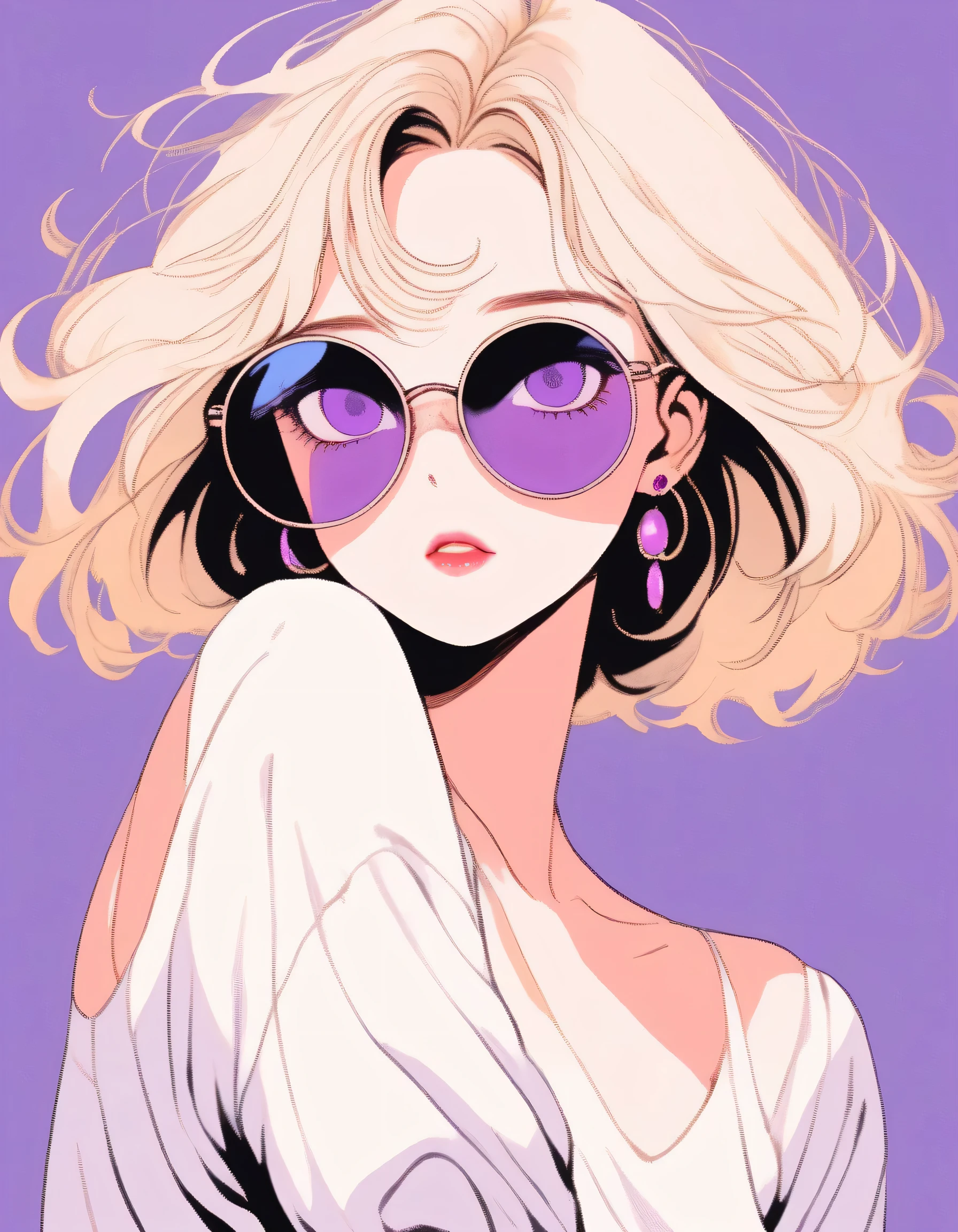 (Tabletop:1.2, 最high quality), (Finely drawn beautiful eyes: 1.2), (beautiful and detailed face), (Best lighting, Very delicate and beautiful), Round sunglasses,((Cover both eyes)), (Both eyes are hidden)、totalitarianism, Earrings, Pretty lips, beautiful, White shirt, Black tie, sexy, Beautiful lighting, Dynamic Angle, The body is bent in a dogleg shape...、Dynamic pose、high quality, 最high quality,1 girl, Purple Hair、The purplish pink eyes of a dreamer, (Blonde) , he is short, Big Breasts, (Cinematic Light)), Dramatic Light, (Pale white background:1.5), Shooting from below、Peeking from below、Short Bob Hair(1:3)、Knit a little around the ears, clavicle,((Perfect Fingers))、Stylish coffee shop、Absolute hands、A look of mockery、Hmph,Cross your arms、Grab your arm、((eye make up))、compensate、最high quality、Big Breasts、8k,(((Perfect hands)))、I have only five fingers、God's Angle、Winter jumper、 最high quality、Hyper HD、((Please match the length of the stockings))、Arafe woman in coat and hat talking on mobile phone, Stylish woman, Elegant girl in urban clothing, Posing on the city streets, beret and sunglasses, Warm colored clothes, Wear elegant clothes, wearing a French beret, Standing on the street, Woman wearing a trench coat, Modern Fashion, Pink Hair,Purple eyes