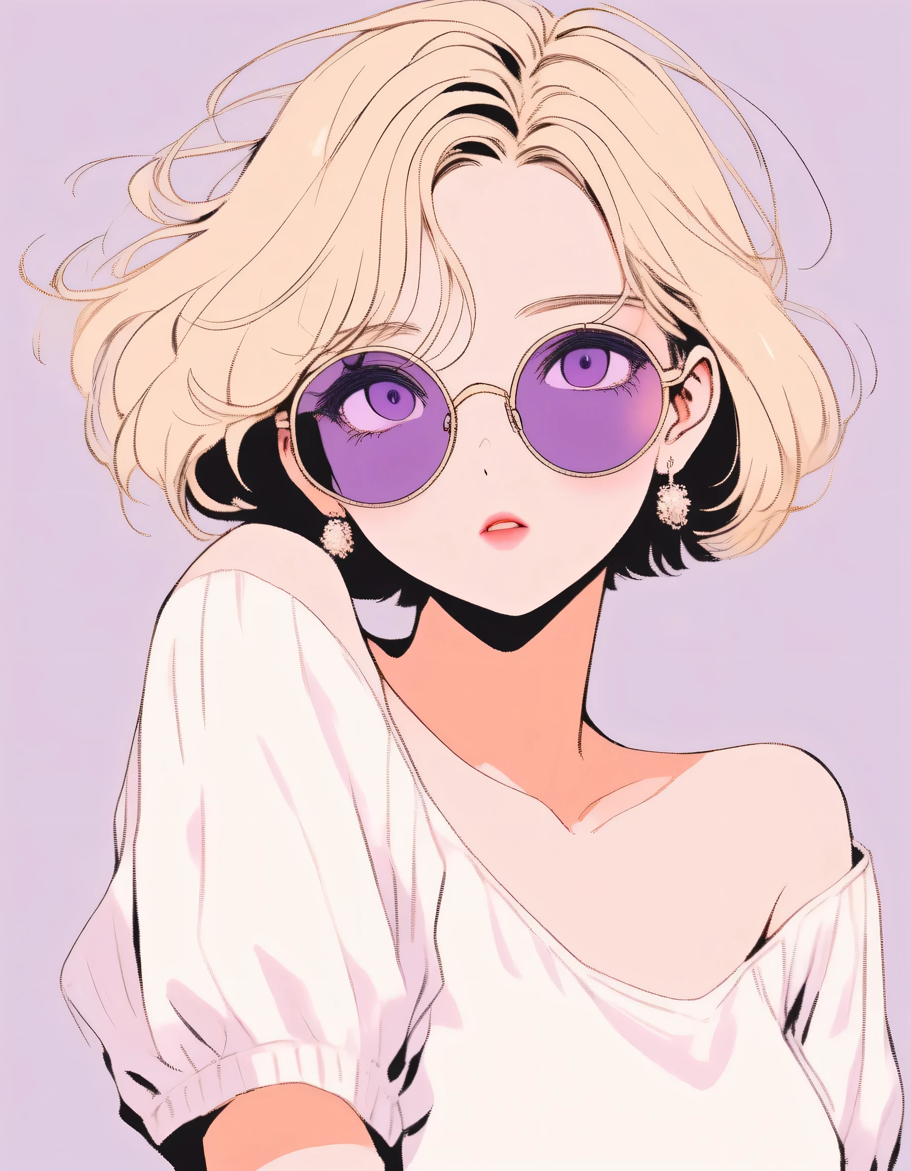 (Tabletop:1.2, 最high quality), (Finely drawn beautiful eyes: 1.2), (beautiful and detailed face), (Best lighting, Very delicate and beautiful), Round sunglasses,((Cover both eyes)), (Both eyes are hidden)、totalitarianism, Earrings, Pretty lips, beautiful, White shirt, Black tie, sexy, Beautiful lighting, Dynamic Angle, The body is bent in a dogleg shape...、Dynamic pose、high quality, 最high quality,1 girl, Purple Hair、The purplish pink eyes of a dreamer, (Blonde) , he is short, Big Breasts, (Cinematic Light)), Dramatic Light, (Pale white background:1.5), Shooting from below、Peeking from below、Short Bob Hair（1:3）、Knit a little around the ears, clavicle,((Perfect Fingers))、Stylish coffee shop、Absolute hands、A look of mockery、Hmph,Cross your arms、Grab your arm、((eye make up))、compensate、最high quality、Big Breasts、8k,(((Perfect hands)))、I have only five fingers、God&#39;s Angle、Winter jumper、 最high quality、Hyper HD、((Please match the length of the stockings))、Arafe woman in coat and hat talking on mobile phone, Stylish woman, Elegant girl in urban clothing, Posing on the city streets, beret and sunglasses, Warm colored clothes, Wear elegant clothes, wearing a French beret, Standing on the street, Woman wearing a trench coat, Modern Fashion, Pink Hair,Purple eyes