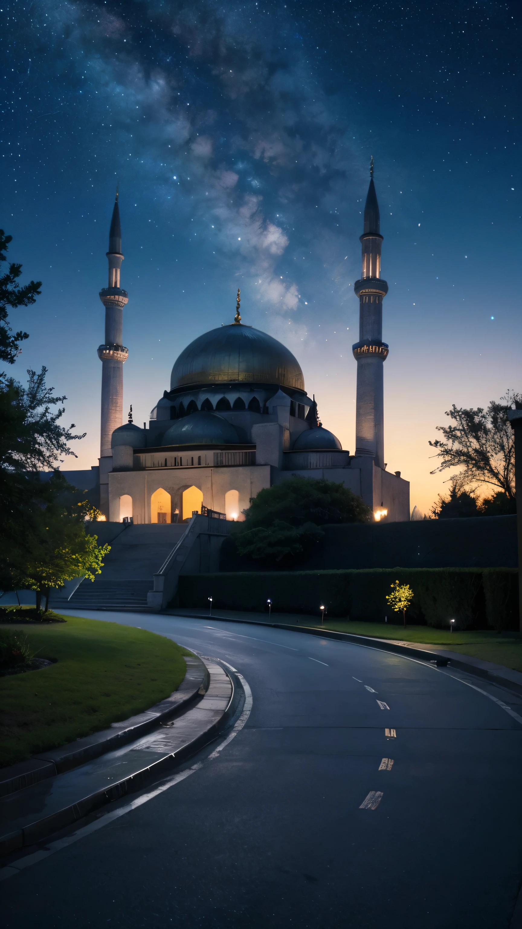 mosque, beautiful, exterior, trees, stars in sky, very large and bright stars