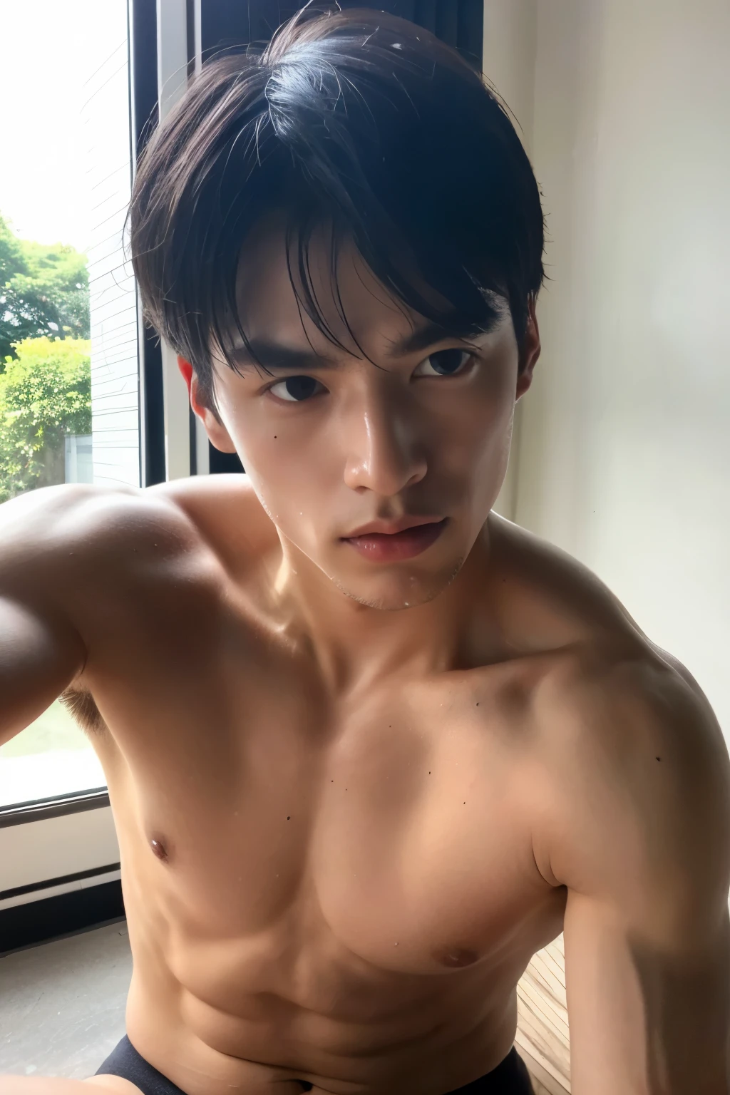 ((best quality)), (detailed), perfect face, HOMEM COREANO, SEM CAMISA, rosto bonito, PEITO MUSCULAR, volume na cueca, protuberance, grande, futurista, Corpo magro, rouco, magro, big nice protuberance, lindo ator coreano, poses sensuais, sensual, blushing red makeup, red lips, white pale skin, 