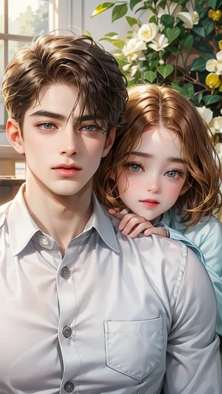 The boy has a handsome face, symmetrical face, symmetrical eyes. Short golden brown hair and grey eyes.