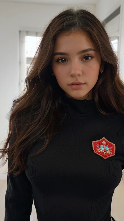 xoaeriel, a beautiful woman with wavy brown hair, ojos azules, nariz redonda, vistiendo un cohete de equipo,uniforme del equipo cohete,falda blanca,letra roja R,top corto,medias negras hasta el muslo,guantes negros hasta el codo,hiperealista