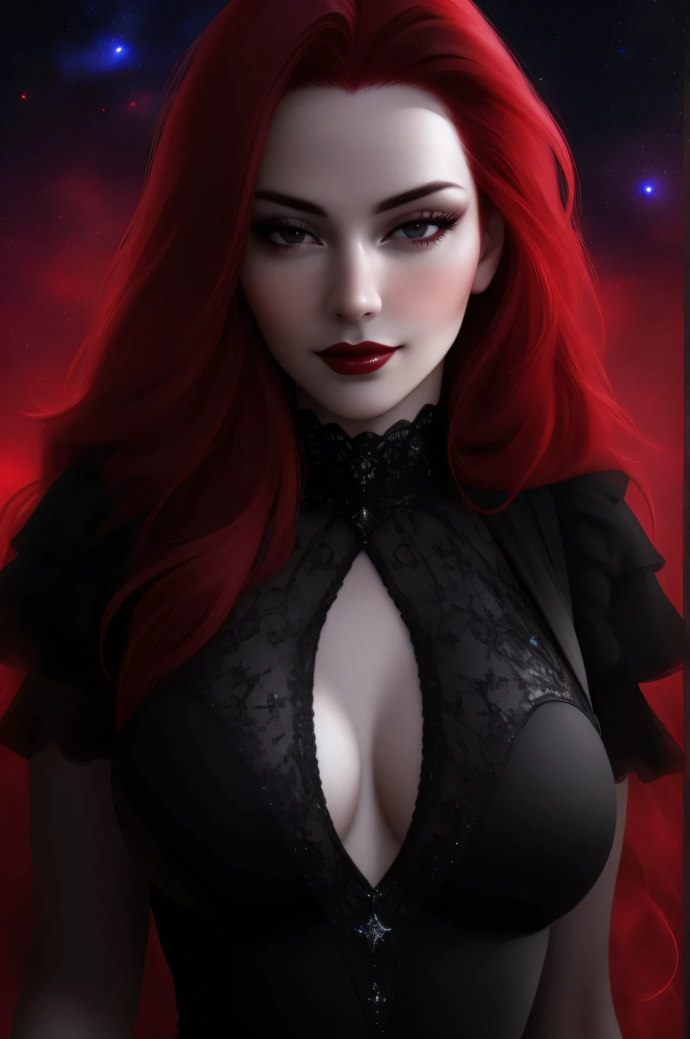 (Masterpiece - Ultra-Detailed, High Resolution) ((vivid red hair)), mature woman, 30 years old, diamond face, red starry sky background, depth of field, magic, big red lips, ((dark and black eyes)) black and red long and full dress, covered chest, mystical atmosphere, ominous shadows, Intense blue aura, Intense red aura (best quality:1.2), absurdres, intricate details, (highly detailed skin:1.2), smile expression, posing, taut and well defined body, attractive. Highly realistic, pale skin, beautiful, hyperrealism, skin very elaborated, direct gaze