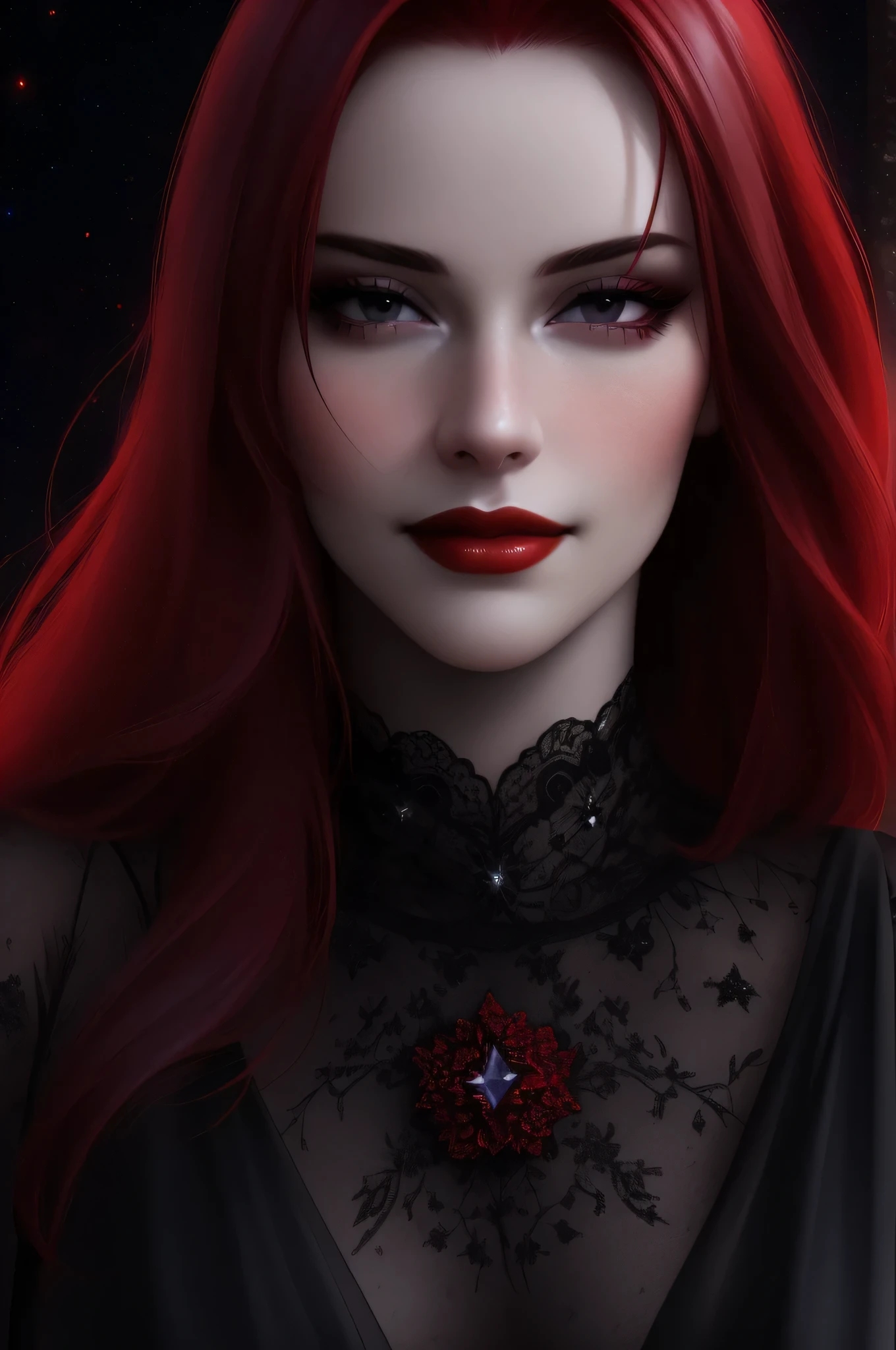 (Masterpiece - Ultra-Detailed, High Resolution) ((vivid red hair)), mature woman, 30 years old, diamond face, red starry sky background, depth of field, magic, big red lips, ((dark and black eyes)) black and red long and full dress, covered chest, mystical atmosphere, ominous shadows, Intense blue aura, Intense red aura (best quality:1.2), absurdres, intricate details, (highly detailed skin:1.2), smile expression, posing, taut and well defined body, attractive. Highly realistic, pale skin, beautiful, hyperrealism, skin very elaborated, direct gaze
