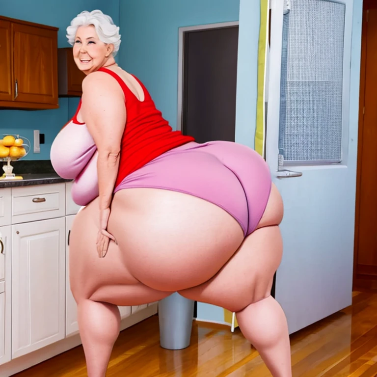 Enormous booty granny wearing booty shorts in kitchen,full body , very large bosum ,very large cheeks,very large thighs, very wide hips,largest haunches ever, accentuated curves, ssbbw ,full body voluptuous figure granny shaking enormous booty for viewer