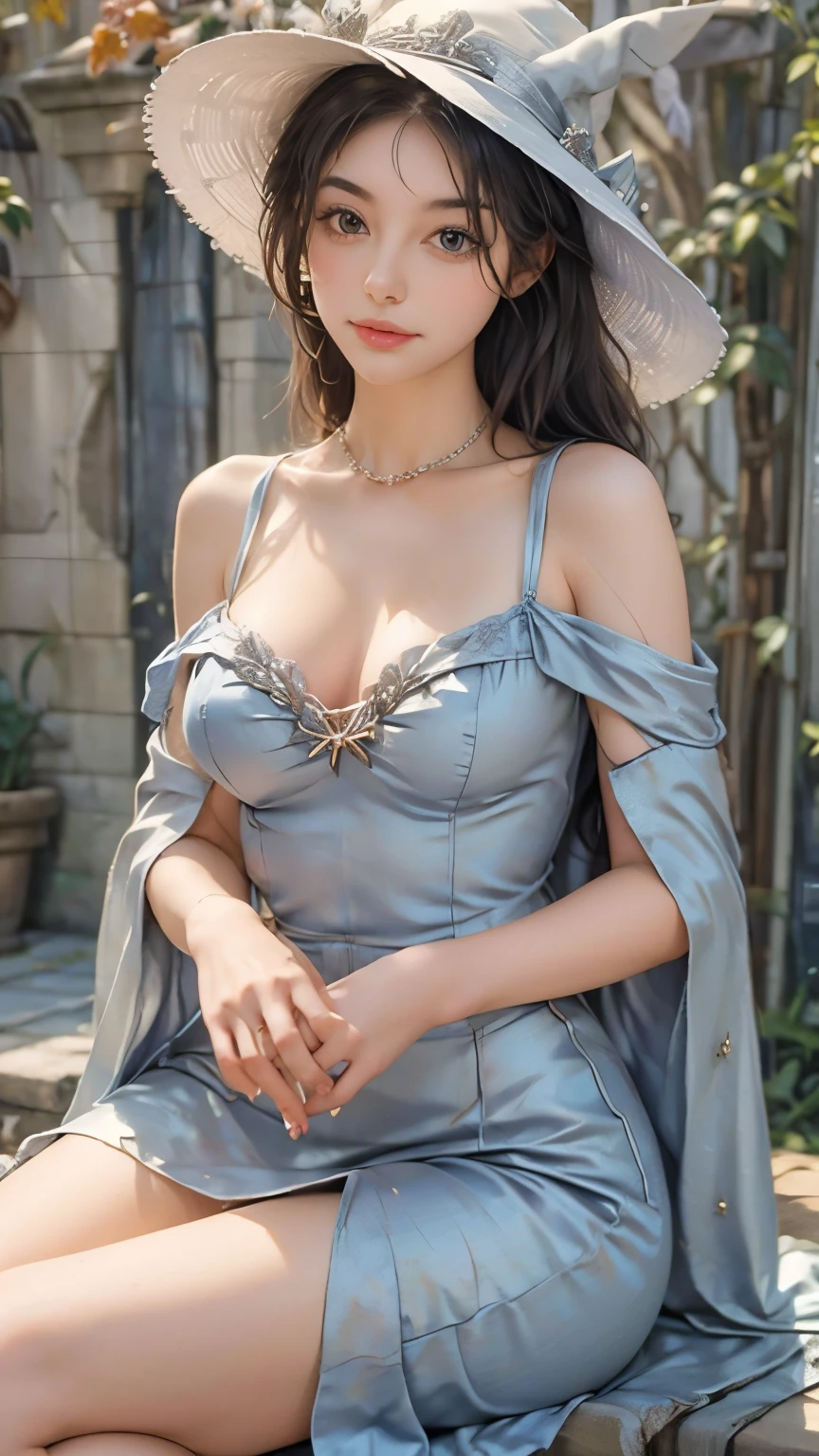 1girl, mature female, masterpiece, mistress, goddess,white witch hat,sitting