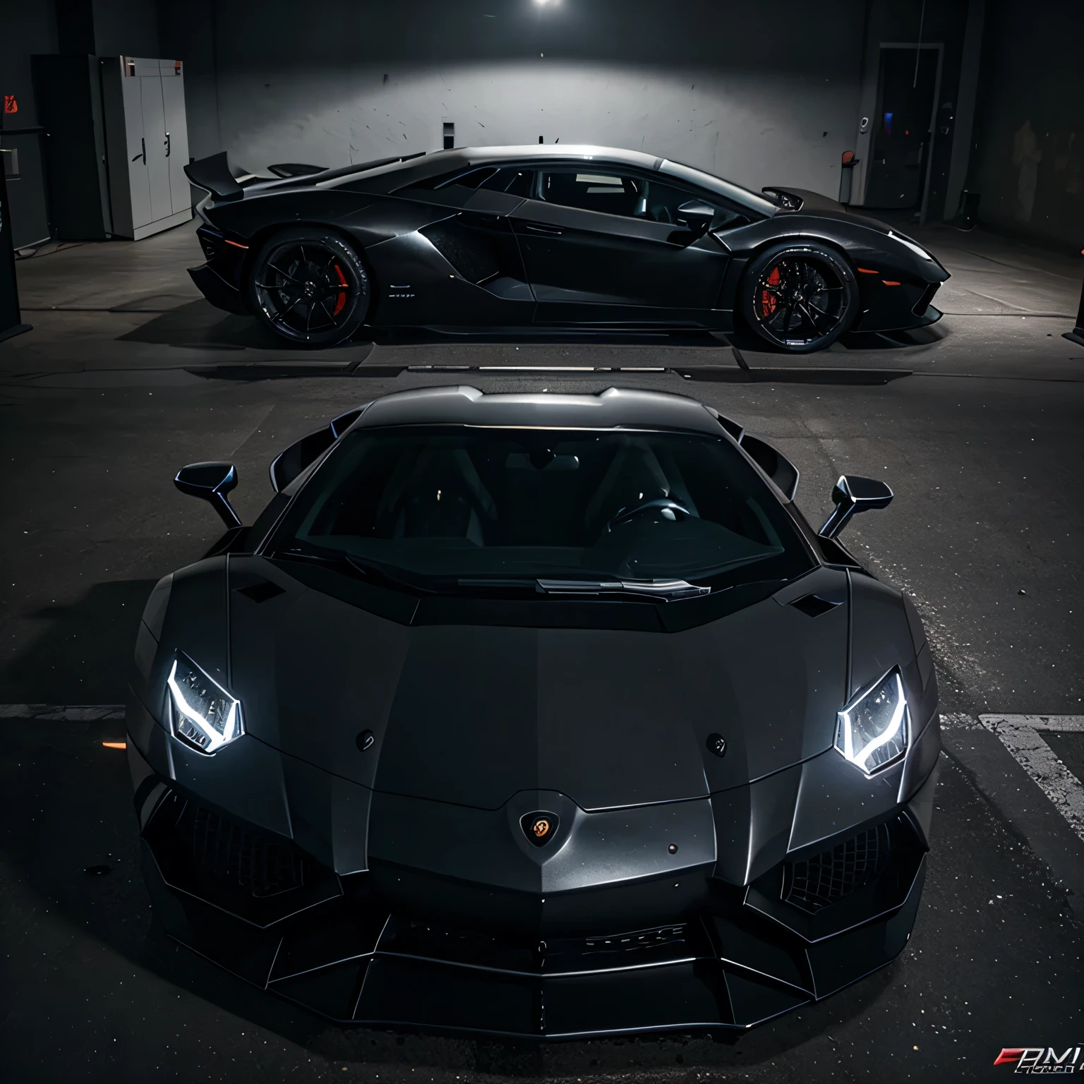 (best quality,4k,realistic),luxurious Lamborghini Aventador with a sports body kit, black forged wheels, cyberpunk style, twilight, side view
