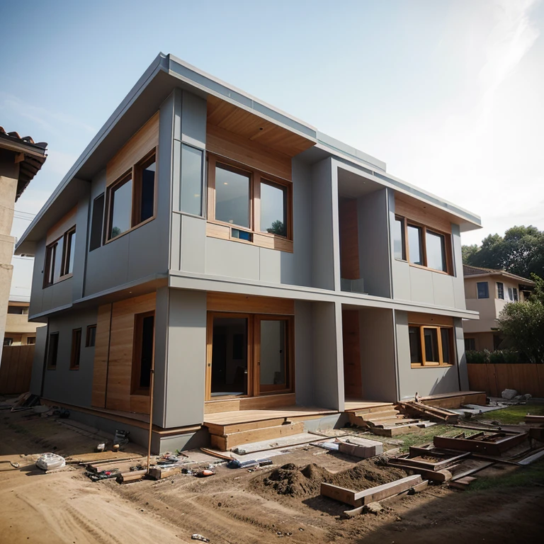 Photo of a house under construction with engineer and architect clashing with their designs in hand