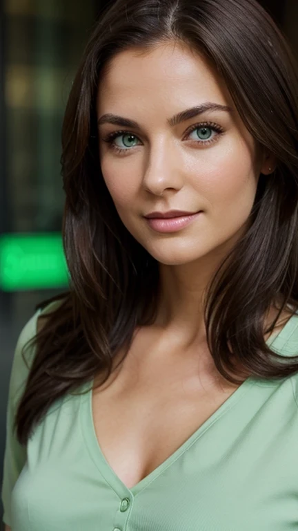 brunette women between 25 and 30 years, green eyes, high quality, application photo for a financial institution