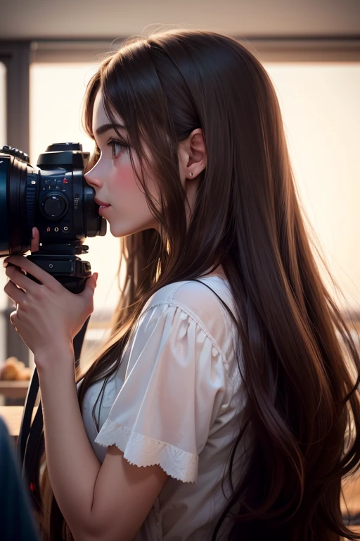 Young brunette, long hair, in profile, realistic, do something on camera