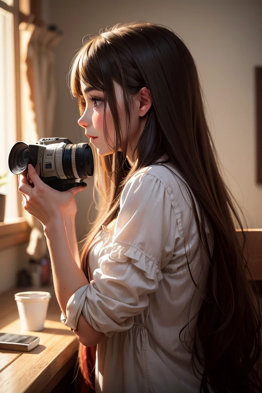 Young brunette, long hair, in profile, realistic, do something on camera