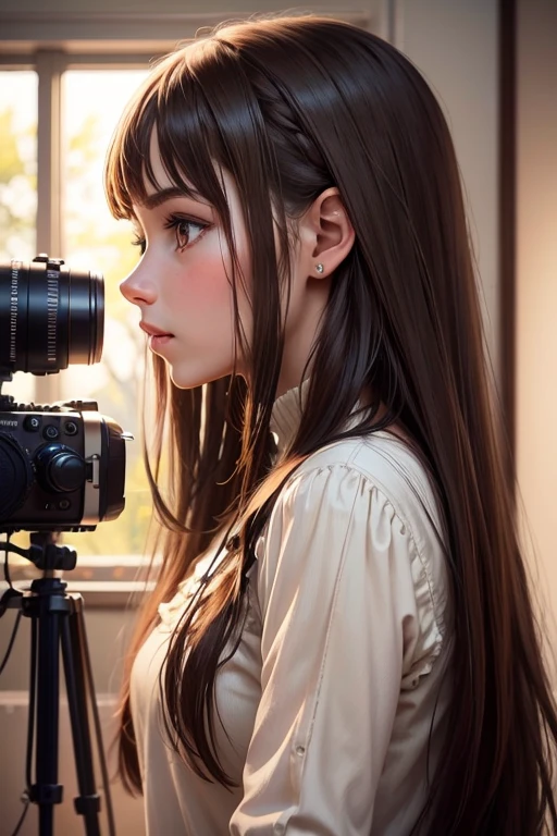 Young brunette, long hair, in profile, realistic, do something on camera