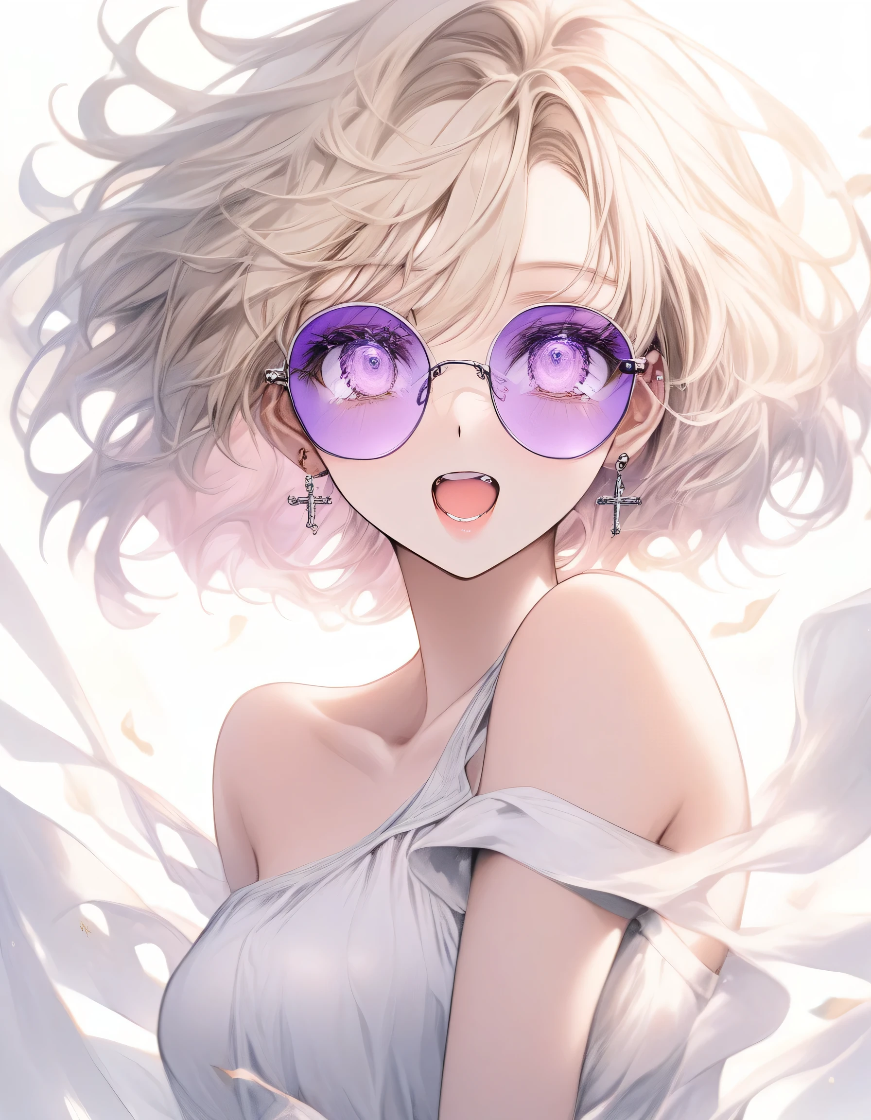 (Tabletop:1.2, 最high quality), (Finely drawn beautiful eyes: 1.2), (beautiful and detailed face), (Best lighting, Very delicate and beautiful), Round sunglasses,((Cover both eyes)), (Both eyes are hidden)、totalitarianism, Earrings, Pretty lips, beautiful, White shirt, Black tie, sexy, Beautiful lighting, Dynamic Angle, The body is bent in a dogleg shape...、Dynamic pose、high quality, 最high quality,1 girl, Purple Hair、The purplish pink eyes of a dreamer, (Blonde) , he is short, Big Breasts, (Cinematic Light)), Dramatic Light, (Pale white background:1.5), Shooting from below、Peeking from below、Short Bob Hair（1:3）、Knit a little around the ears, clavicle,((Perfect Fingers))、Stylish coffee shop、Absolute hands、A look of mockery、Hmph,Cross your arms、Grab your arm、((eye make up))、compensate、最high quality、Big Breasts、8k,(((Perfect hands)))、I have only five fingers、God&#39;s Angle、Winter jumper、 最high quality、Hyper HD、((Please match the length of the stockings))、Arafe woman in coat and hat talking on mobile phone, Stylish woman, Elegant girl in urban clothing, Posing on the city streets, beret and sunglasses, Warm colored clothes, Wear elegant clothes, wearing a French beret, Standing on the street, Woman wearing a trench coat, Modern Fashion, Pink Hair,Purple eyes