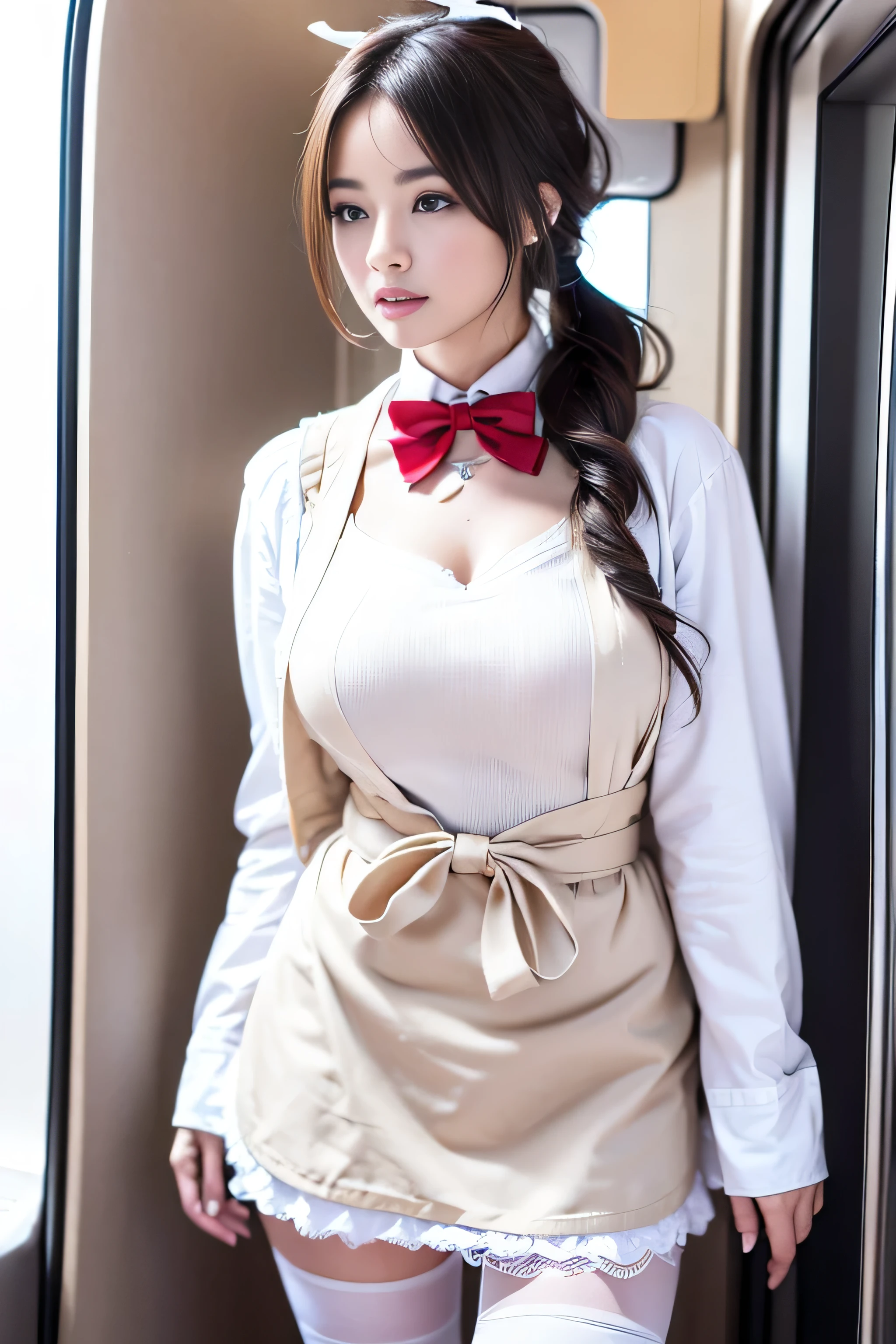realistic, High resolution, soft light,1 female, alone, waist rises high, (detailed face),(Female student)（(A girl standing in front of a train seat))，colorful hair、shortcut，wear、(white blazer emblem on chest)、(translucent white blouse),(red bow tie)(check skirt),long hair、(ponytail)、((Upskirt)）(hyperrealistic), (high resolution), (8K), (extremely detailed), (best illustration), (beautiful detailed eyes), (best quality), (super detailed), (masterpiece), (wallpaper), (detailed face), solo, (dynamic pose), 1 girl, white wavy hair, European , heterochromic eyes, ((apron)), big breasts, long legs, tightens abs, (camel toes), (black stockings), (thick lips),