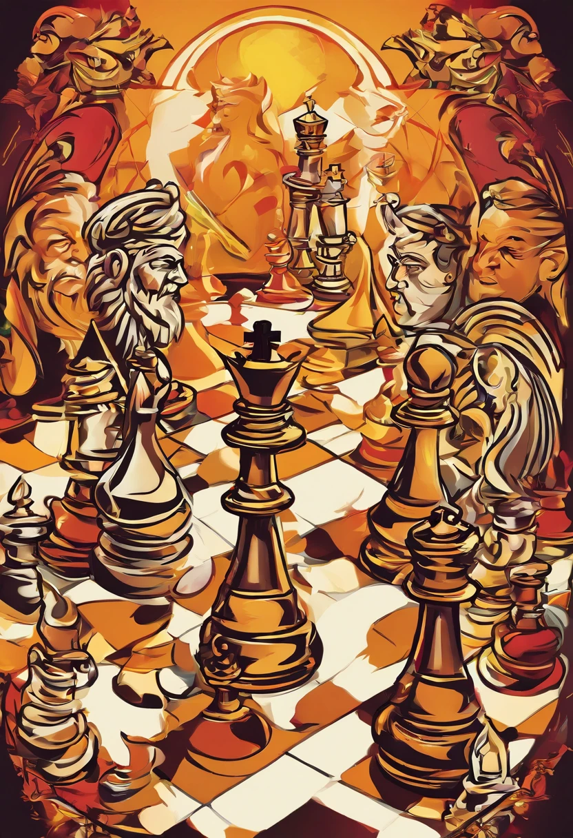 best quality,highres,(realistic:1.37),(HDR:1.1),(studio lighting:1.1),(ultra-detailed:1.1),vivid colors,bokeh,30 pieces,geometric patterns,chessboard,marble,carved pieces,detailed pawns,precise knight,shining bishop,golden queen,king in a royal robe,silver rook,positional strategy,battlefield,outdoor setting,captivating environment,thoughtful players,concentration,intense mental focus,dramatic tension,exciting move,deep thinking,timeless elegance,classic game,traditional board game,skillful precision,competitive spirit,gauging opponent's moves,strategic calculations,checkmate celebration,thrilling victory,captivating spectators,chess enthusiasts,honor and respect,mental challenge