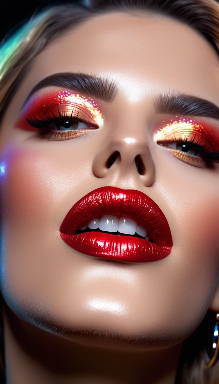 Fantasic nature, ultra detail, ultra realism, hyper realistic, 90s, Furrowed, Vibrant holographic gradient, aventurecore, argon Flash, photopeinture, Femme Fatale, Red lips, ProFessional Photography, Award-winning photo session, hyper realistic, Canon 1DX Mark III, 35mm, F/8