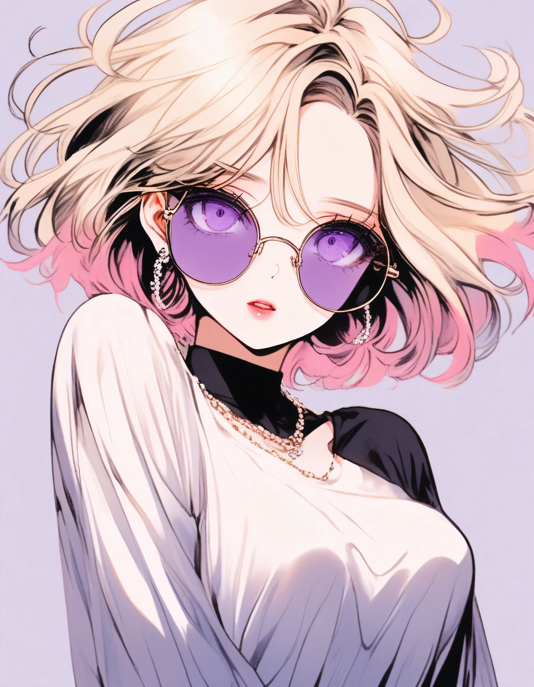 (Tabletop:1.2, 最high quality), (Finely drawn beautiful eyes: 1.2), (beautiful and detailed face), (Best lighting, Very delicate and beautiful), Round sunglasses,((Cover both eyes)), (Both eyes are hidden)、totalitarianism, Earrings, Pretty lips, beautiful, White shirt, Black tie, sexy, Beautiful lighting, Dynamic Angle, The body is bent in a dogleg shape...、Dynamic pose、high quality, 最high quality,1 girl, Purple Hair、The purplish pink eyes of a dreamer, (Blonde) , he is short, Big Breasts, (Cinematic Light)), Dramatic Light, (Pale white background:1.5), Shooting from below、Peeking from below、Short Bob Hair（1:3）、Knit a little around the ears, clavicle,((Perfect Fingers))、Stylish coffee shop、Absolute hands、A look of mockery、Hmph,Cross your arms、Grab your arm、((eye make up))、compensate、最high quality、Big Breasts、8k,(((Perfect hands)))、I have only five fingers、God&#39;s Angle、Winter jumper、 最high quality、Hyper HD、((Please match the length of the stockings))、Arafe woman in coat and hat talking on mobile phone, Stylish woman, Elegant girl in urban clothing, Posing on the city streets, beret and sunglasses, Warm colored clothes, Wear elegant clothes, wearing a French beret, Standing on the street, Woman wearing a trench coat, Modern Fashion, Pink Hair,Purple eyes