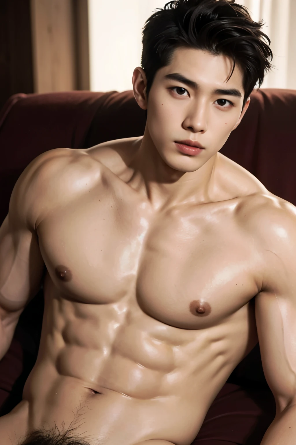 ((best quality)), (detailed), perfect face, HOMEM COREANO, SEM CAMISA, rosto bonito, PEITO MUSCULAR, volume na cueca, protuberance, grande, futurista, Corpo magro, rouco, magro, big nice protuberance, lindo ator coreano, poses sensuais, sensual, blushing red makeup, red lips, white pale skin,